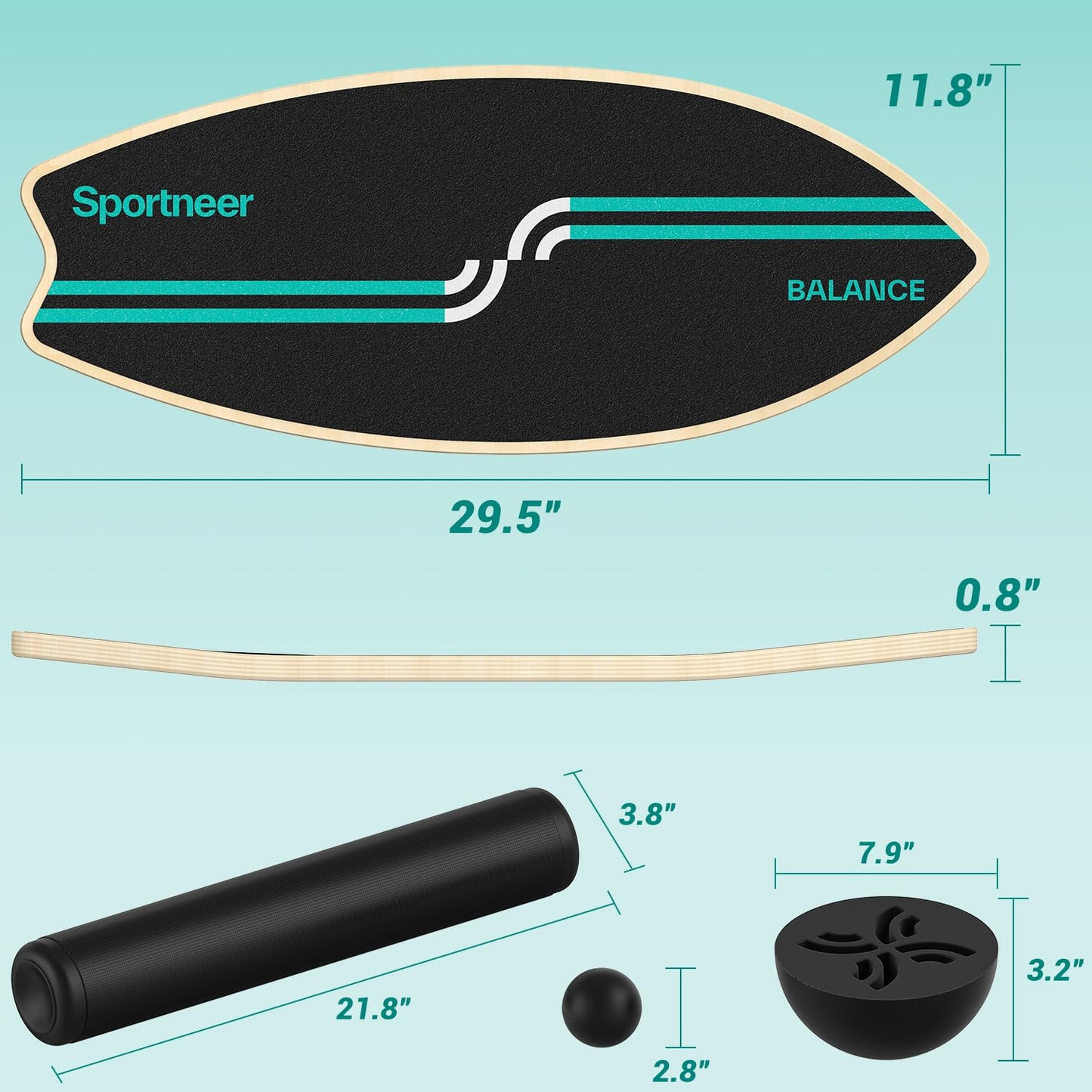 Sportneer Balance Board Upgrade – 8-in-1 Wooden Wobble Board with Roller, Rubber Ball & Half Ball, Balance Trainer for Adults, Core Strength & Physical Therapy Equipment 450 LBS
