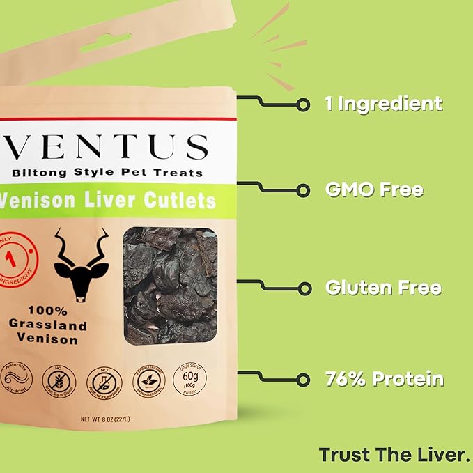 VENTUS Dog Training Treats - Single Ingredient Venison Jerky Liver Treats, All Natural, Air Dried, Low Fat, High Value Training Treats for Dogs, Organic, 8 oz