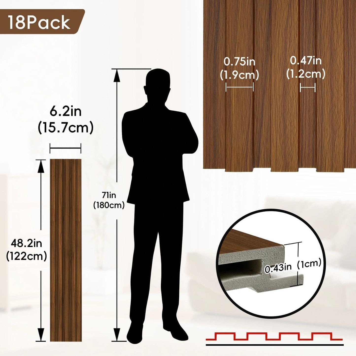 RITOLLO 18Pack WPC Wainscoting Panels, 48.2 x 6.2 Inches 3D Accent Slat Wall Panels for Interior Wall Decor, Fluted Wood Paneling for Living Room, TV Background, Office, Bedroom (Teak)