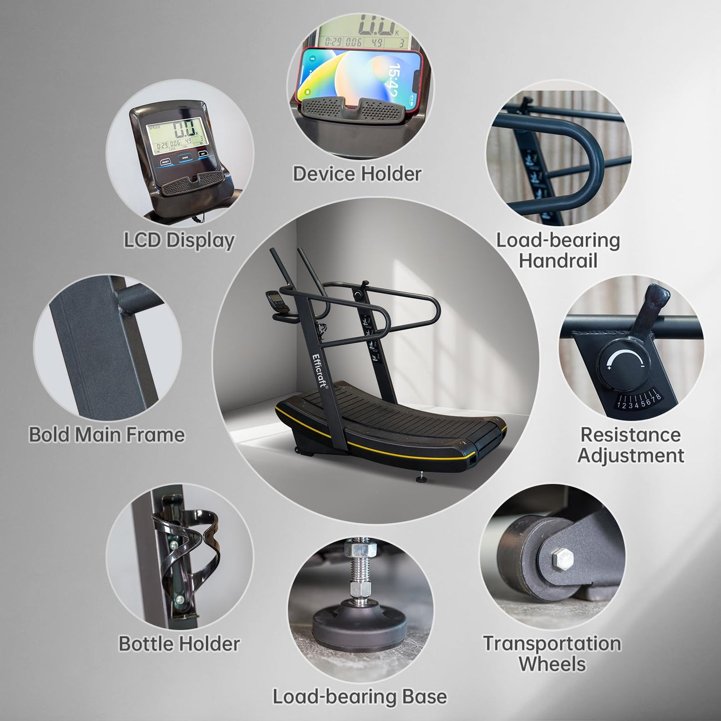 Curved Manual Treadmill - 8-Level Resistance Adjustment & LCD Display, Non-Electric Fitness Equipment for Home/Gym, Cardio & Anaerobic Training