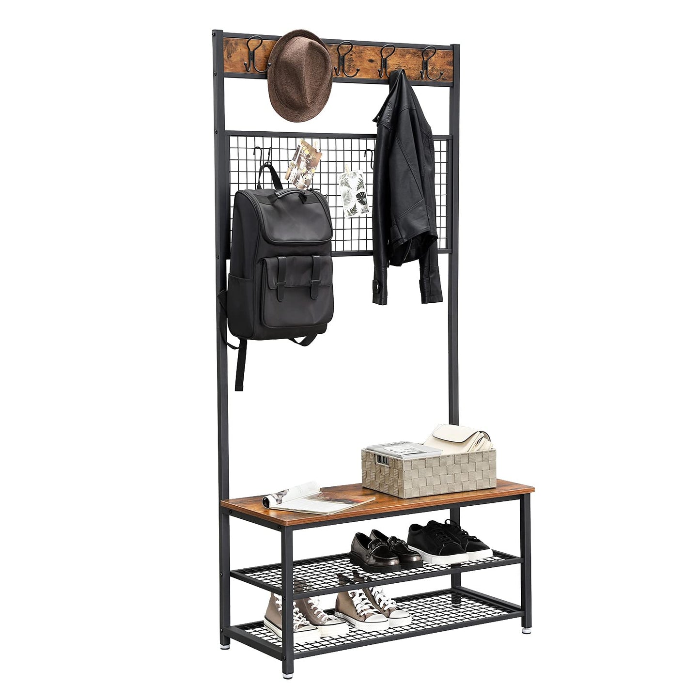 VASAGLE Industrial Coat Rack Stand, Shoe Rack Bench with Grid Memo Board, 9 Hooks and Storage Shelves, Hall Tree with Stable Metal Frame, Rustic Brown UHSR46BX