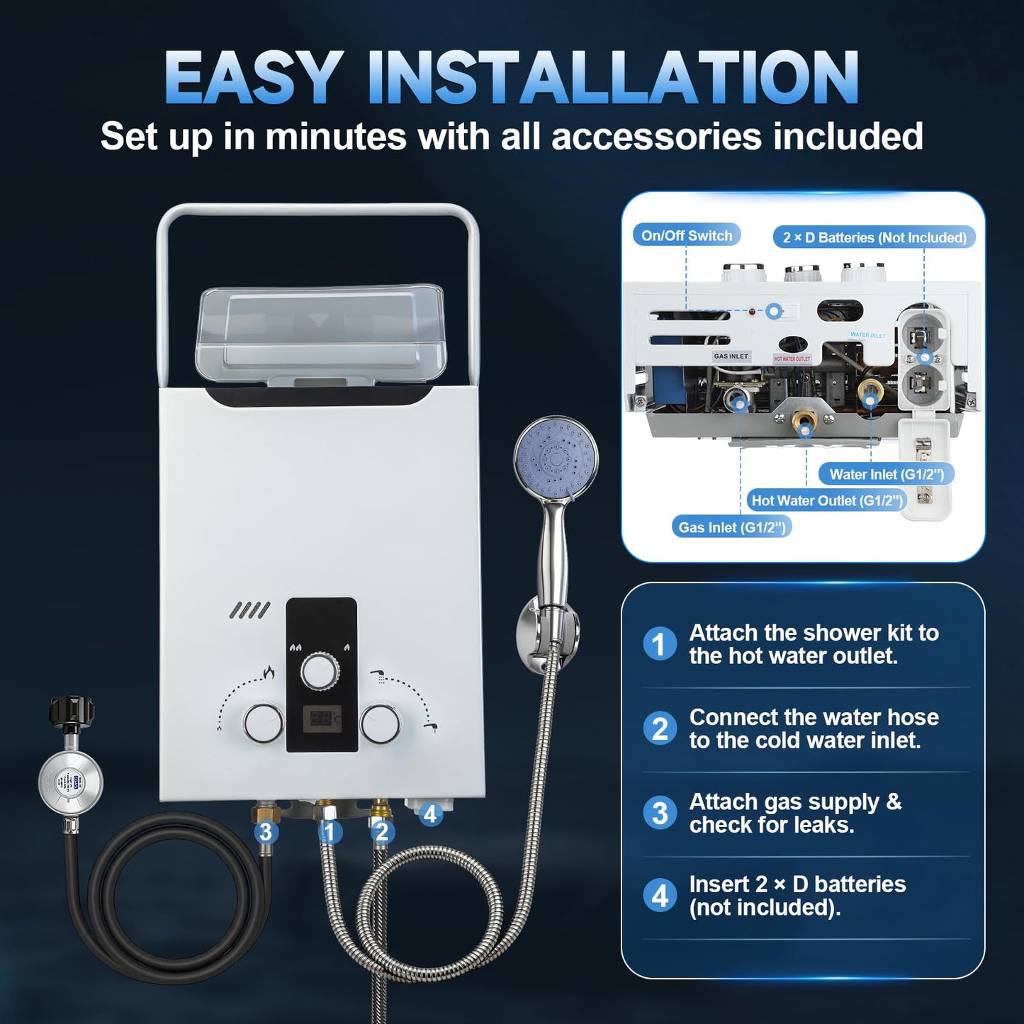 GEARPASS Propane Tankless Water Heater Outdoor, 2.11 GPM 8L, Portable Gas Water Heater with Handle and Digital Display, Instant Hot Water for RV, Cabin, Pet Bathing, Camping