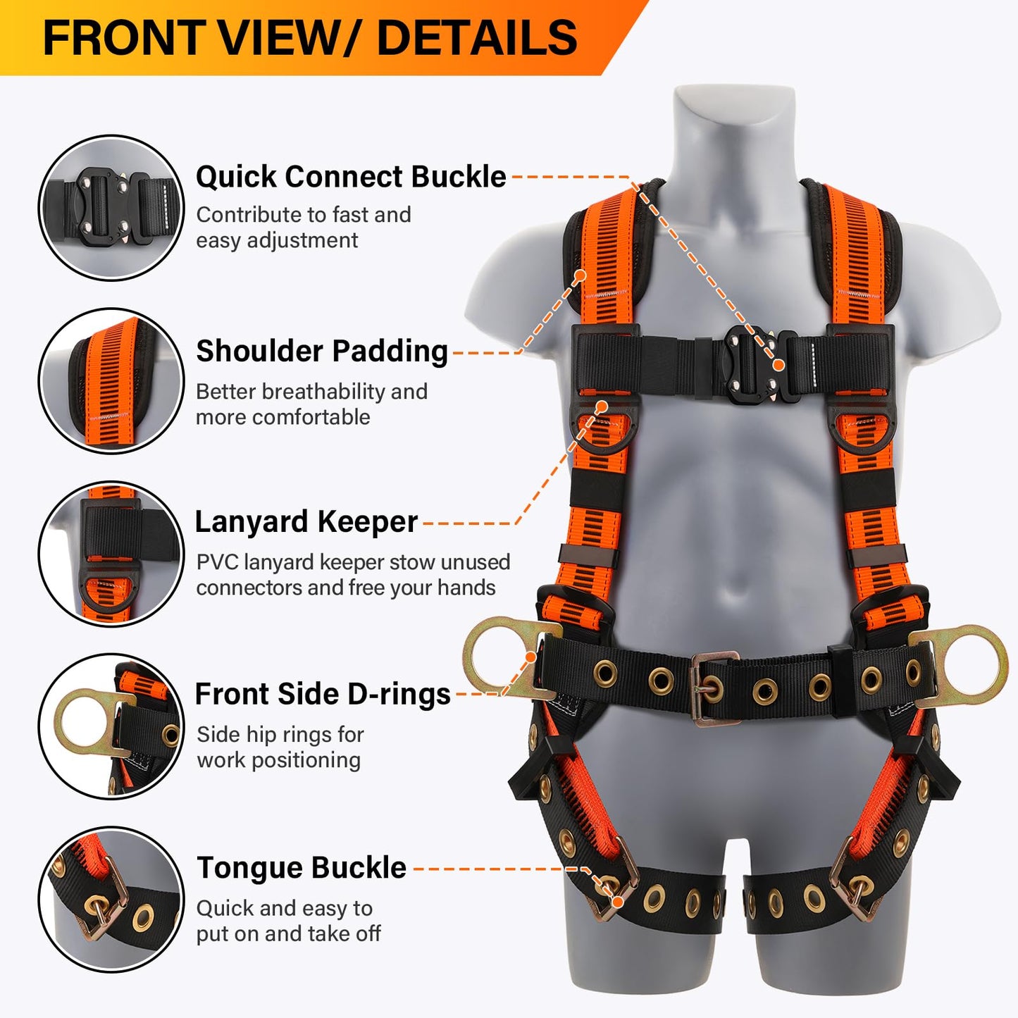 Trsmima Safety Harness Fall Protection - Roof Full Body Harness Men Construction Work Ergonomic Pad Safety Belt Tongue Leg Buckle Quick Connected Chest Buckle