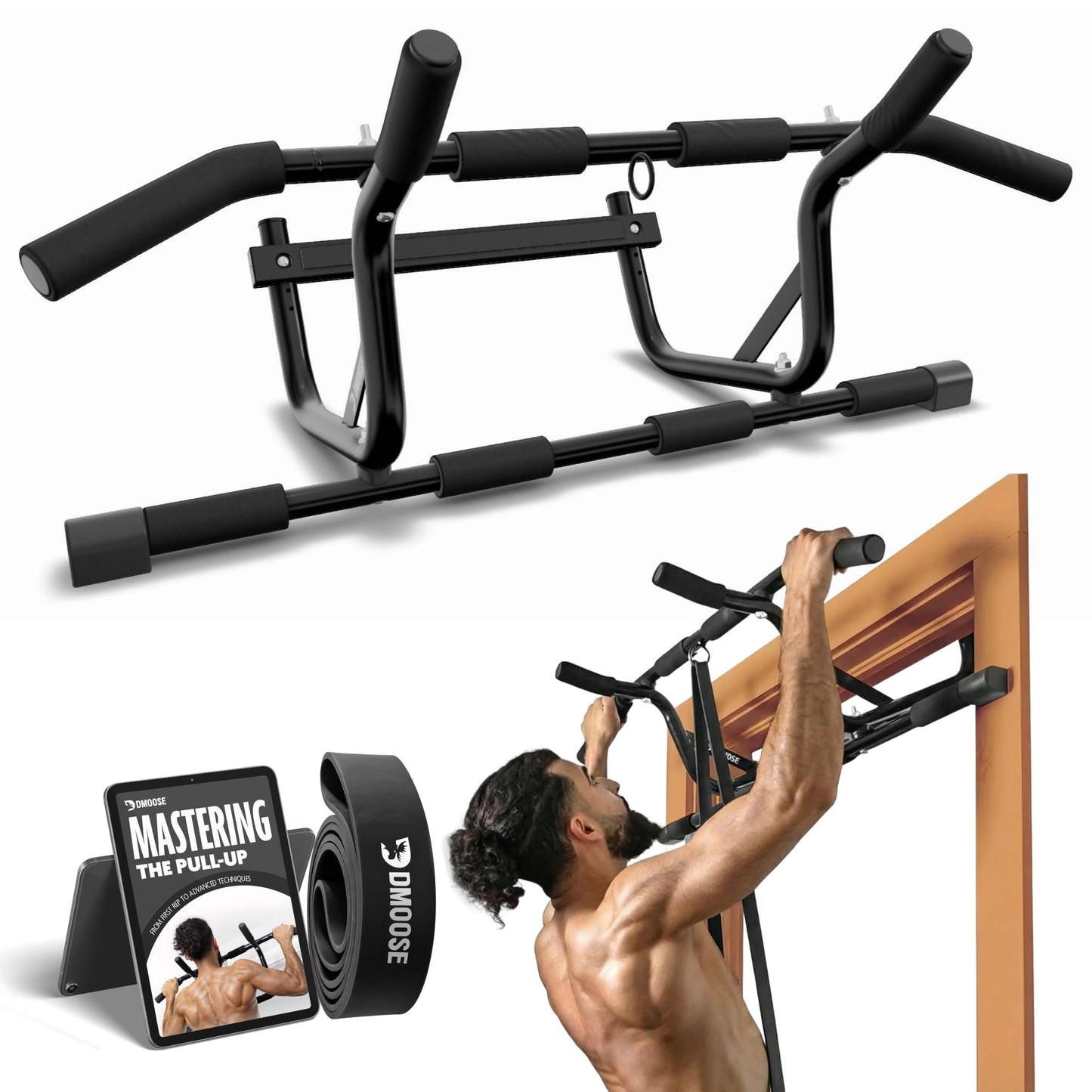 DMoose Fitness Pull Up Bar for Doorway with Pull Up Band - 250 lb Capacity, No Screws, Multi-Grip Chin Up Bar for Home Workouts, Upper Body & Strength Training - Includes Installation Guide