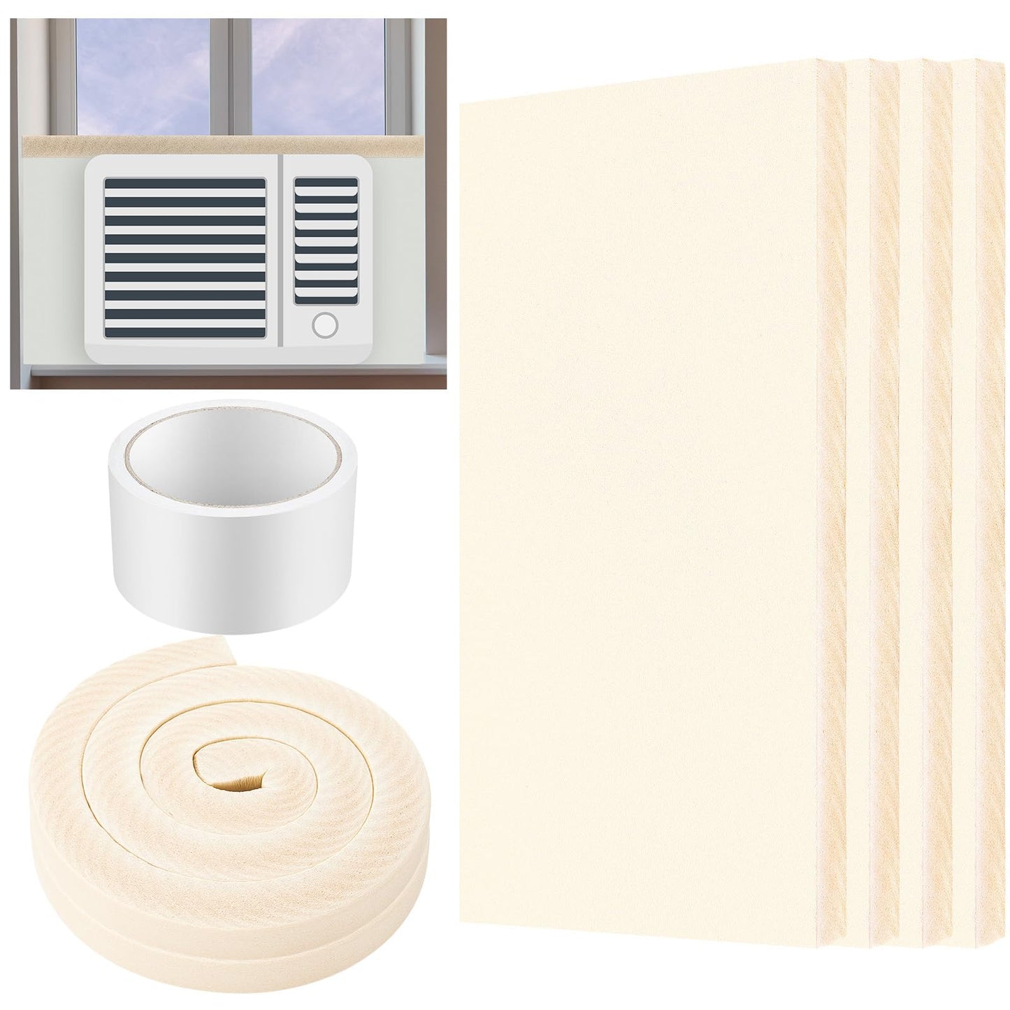 Pangda 4 Pcs 17 x 9 x 7/8 Inch Window Air Conditioner Insulated Foam Panels Insulation Winter Ac Side Surround Panels Kit with Top Seal Strip for Summer and Winter Indoor (Beige)