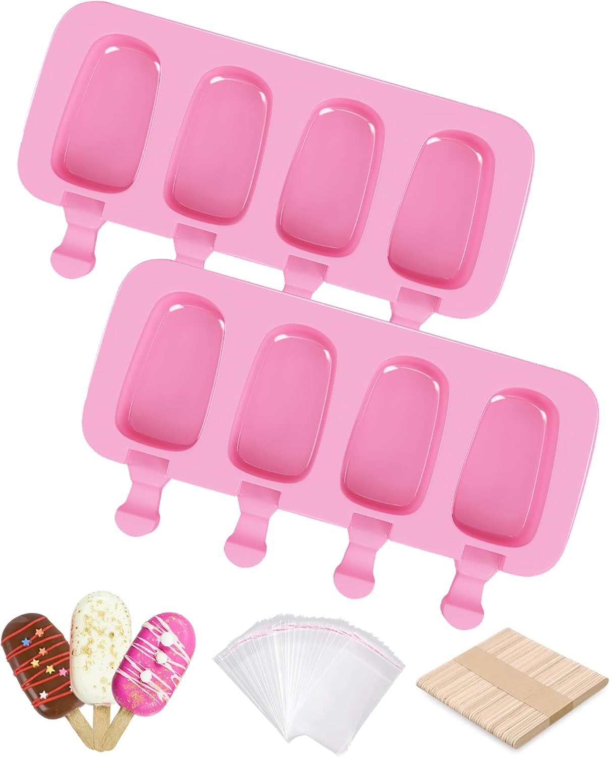 Ouddy Life Popsicle Molds - Set of 2 Silicone Ice Cream Molds with 50 Wooden Sticks | Pink