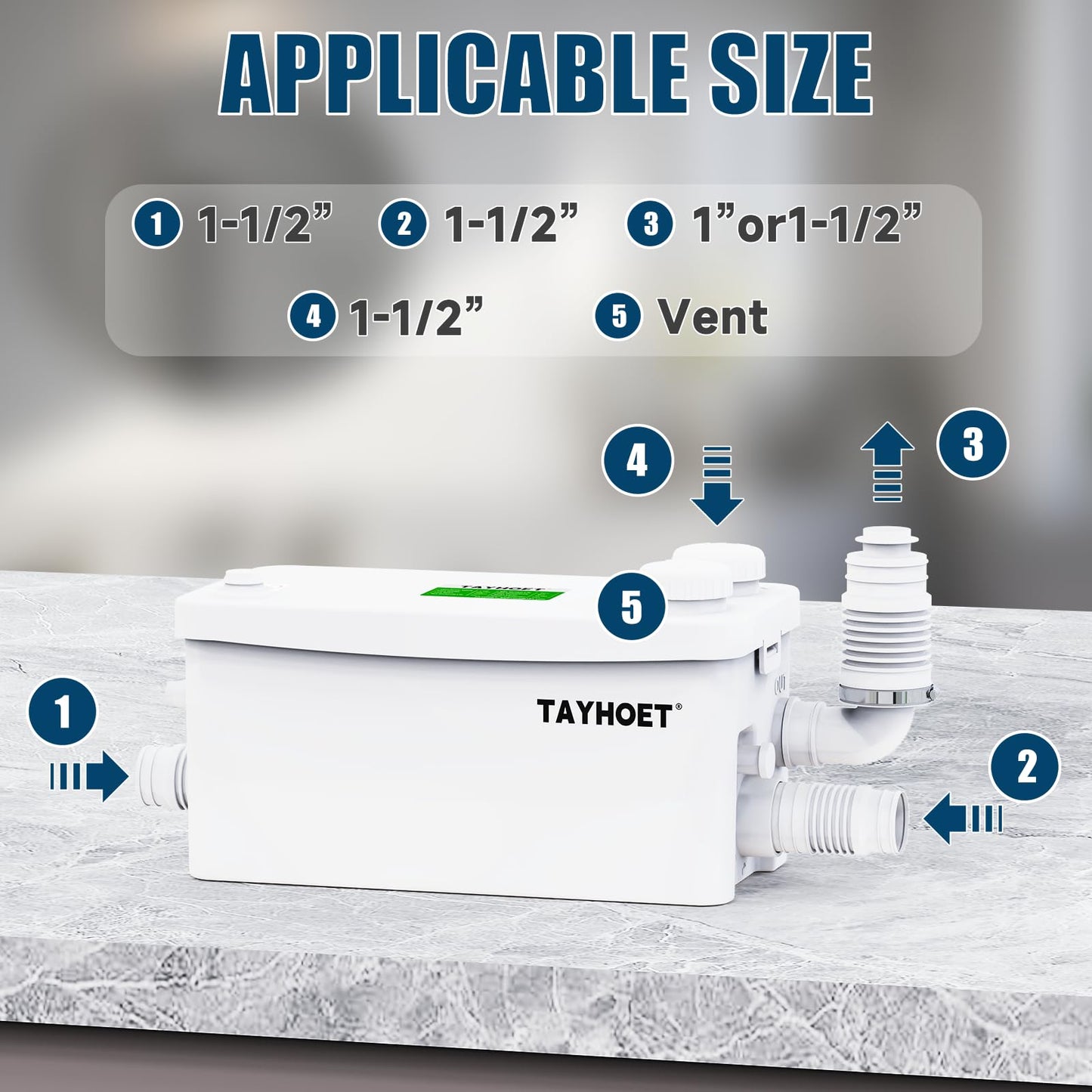 1.1HP Utility Sink Pump, 800W Macerator Pump with 3 Upgraded Inlets for Basement, Kitchen, Sink, Shower, Bathtub, Laundry