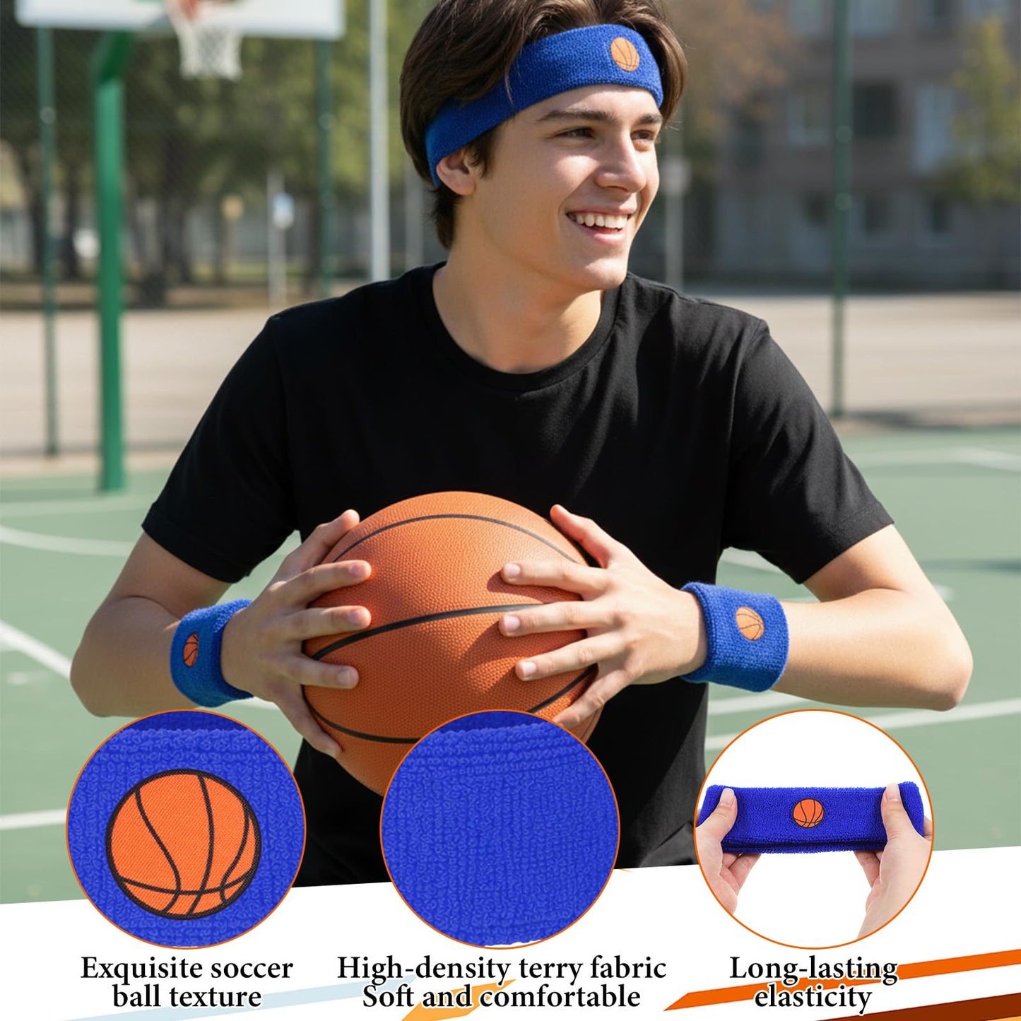 6 Pcs Basketball Headband, Sports Fan Sports Headband Wristband Set Including 4 Wristband and 2 Headbands Moisture Wicking Athletic Terry Cloth Sweat Absorbing Head Band for Workout