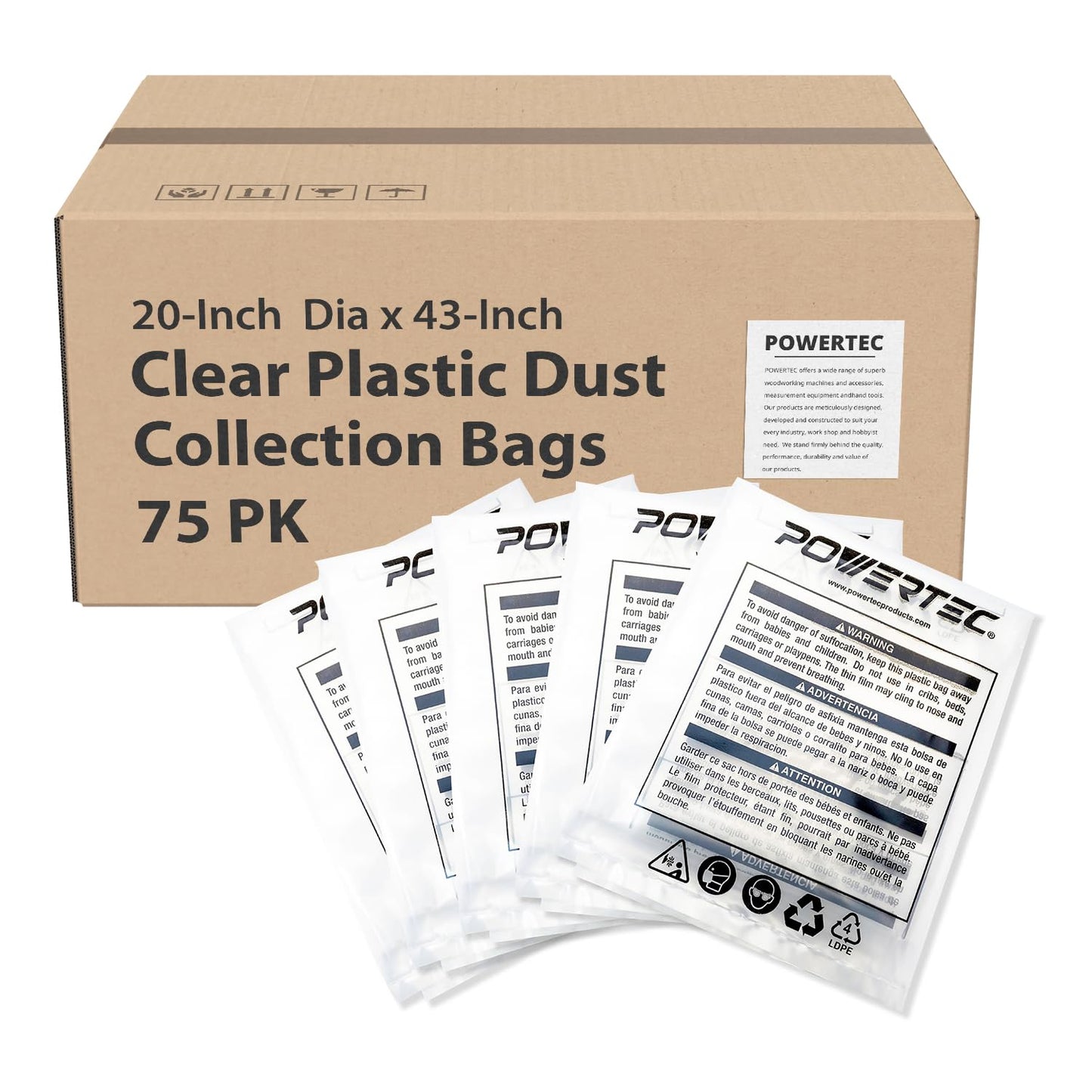 POWERTEC 70002-Case15 Clear Plastic Dust Collection Bags, 20" x 43" | Dust Collector Bags for machine with 20" Filter Drum, Case of 75 Pcs