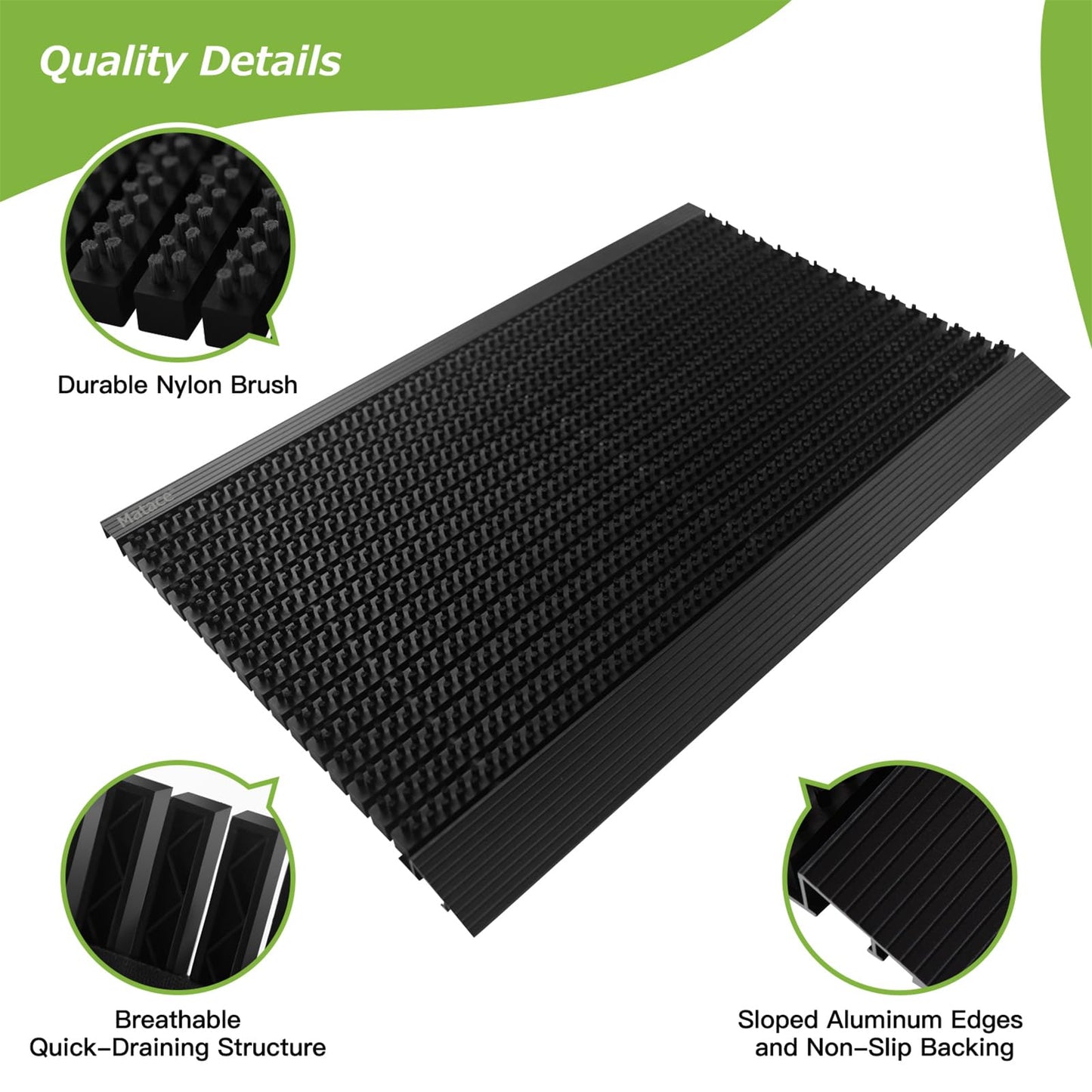 Matace 35.4x22.2 Heavy Duty Aluminum Outdoor Doormat, 100% Nylon Brush, All-Season, All-Weather, Waterproof, Non-Slip, Noiseless, Front Door, Porch, Garage, Mud Room, Patio Entrance Door Mat, Black