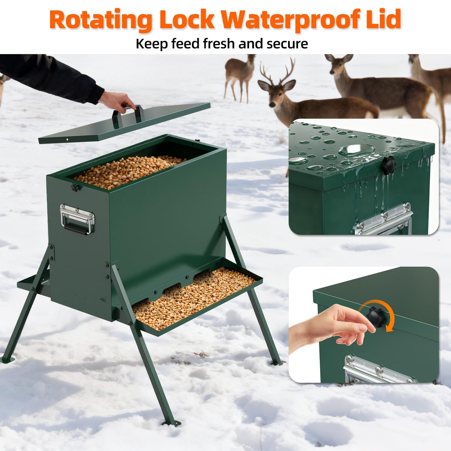 BUYYAH 90-110lb Deer Feeder, Heavy Duty Metal Hunting Game Feeder, Weatherproof Wildlife Feeders for Hunting, Gravity Deer Feeder Automatic Dispenser Feeds Protein and Corn, Green