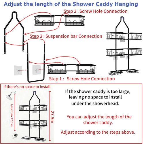 Dotpilgo Shower Caddy Hanging Upgraded Adjustable Rustproof Shower Caddy Shower Organizer for Over Handheld or Fixed Shower Heads with Hooks Soap Holder Toothbrush Holder