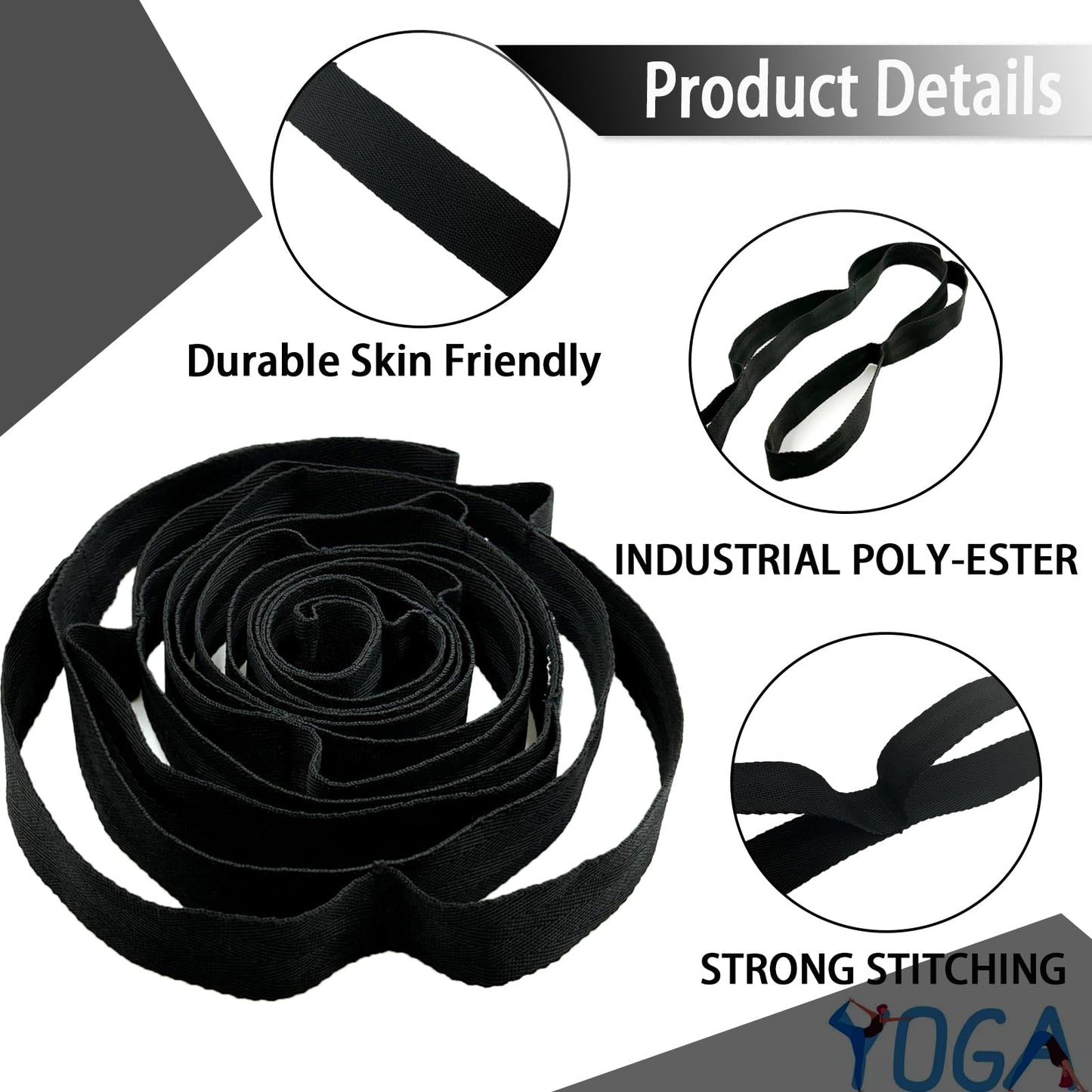 Stretching Strap Yoga Strap with Loops, Stretch Straps for Physical Therapy, Non-Elastic Exercise Strap for Pilates, Dance and Gymnastics with Workout Guide (Black)