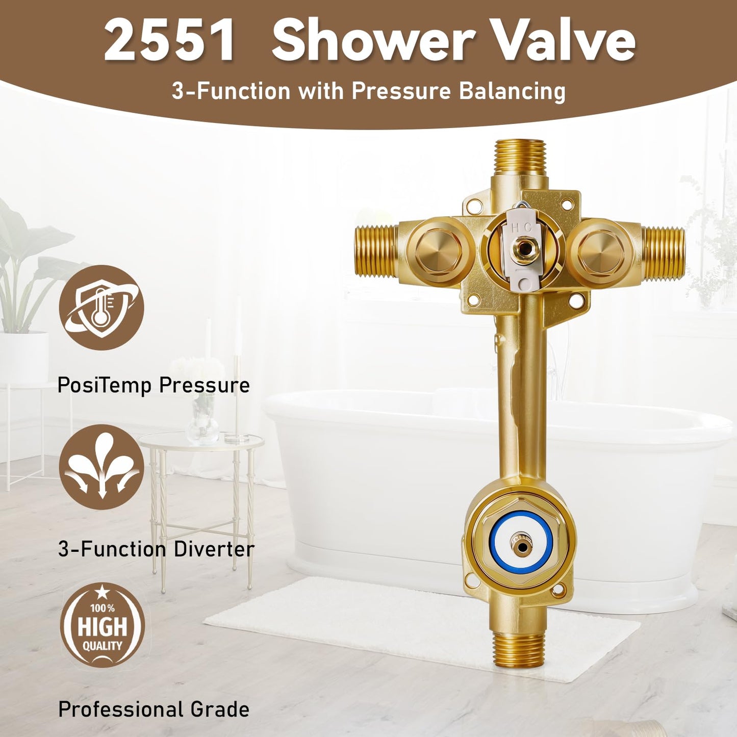 2551 Pressure Balancing Valve, Shower Diverter with Built-In 3-Function Transfer, Compatible with Posi-Temp Trim Valve, 1/2” CC/IPS Connections, Brass 4-Port for Bathtub and Shower