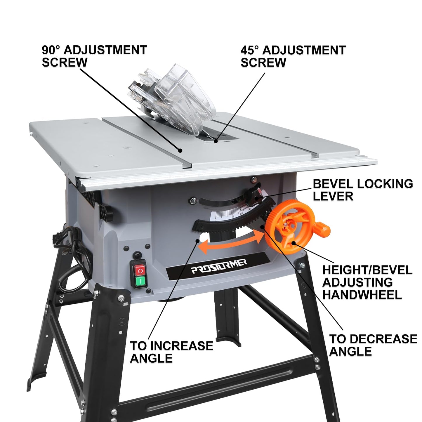 Prostormer 10 Inch Table Saw with Stand, 15A 5000RPM Portable Benchtop Saw, 45°Bevel Cutting Tabletop Saw for Woodworking