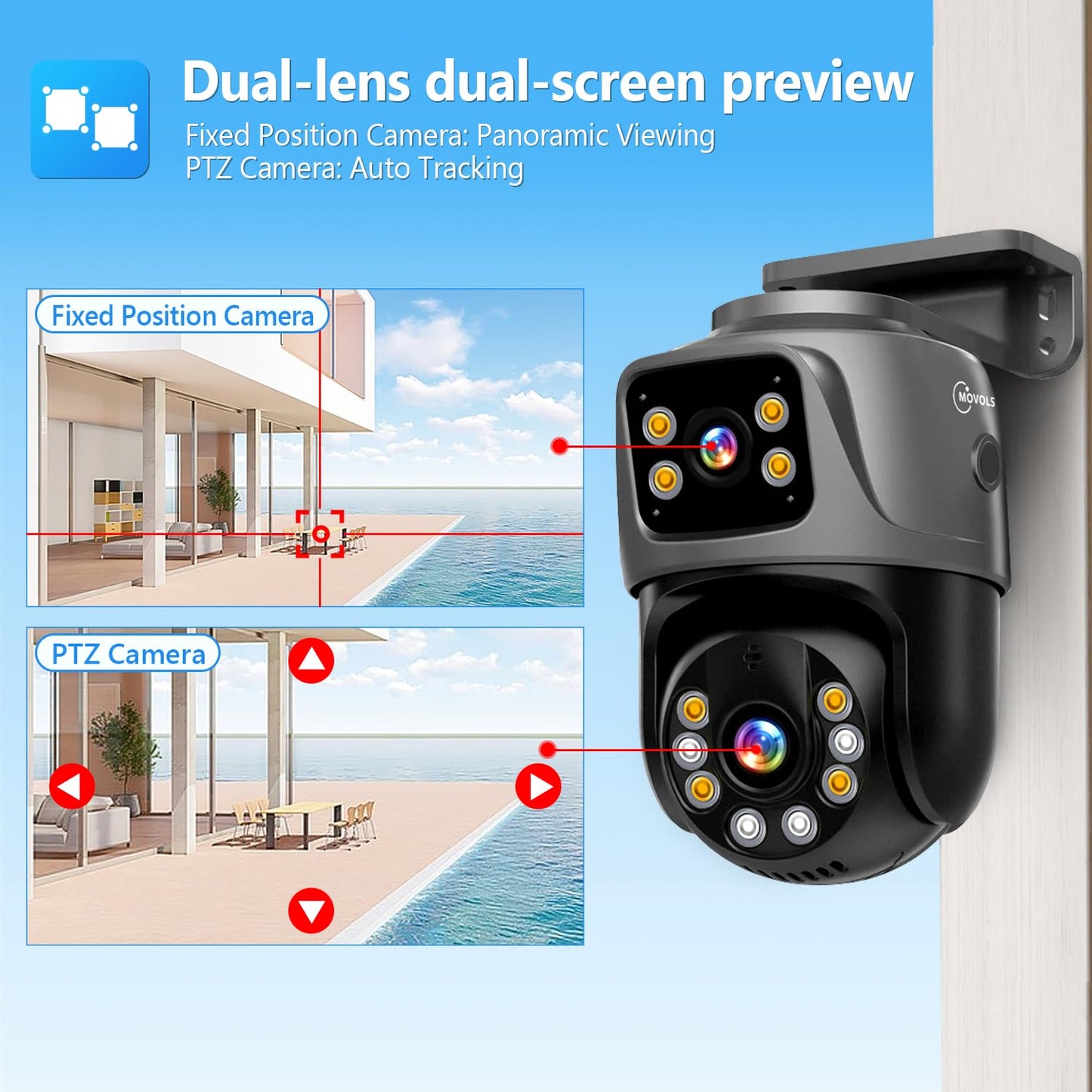 MOVOLS Dual-Lens PoE Security Camera System, 4 x 6MP Pan/Tilt 360 Camera Outdoor, Person/Vehicle Detect, Spotlight Siren, Color Night Vision, 16CH, 8 PoE Ports NVR with 1TB HDD