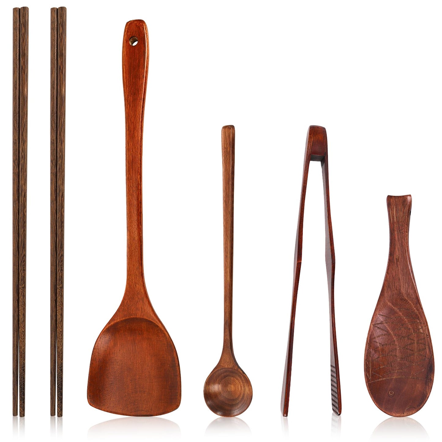 ZOOFOX 6 Pieces Wood Utensils Set, Nonstick Wood Kitchen Utensils with Japanese Style, Wooden Long Chopsticks, Spatula, Toaster Tong, Long Handle Spoon and Fish-shaped Rice Spoon for Cooking