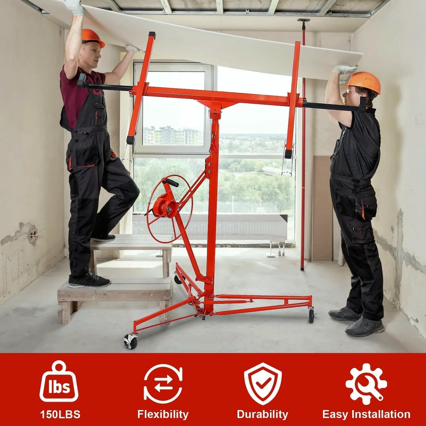 ELOMBR 16FT Drywall Lift Sheetrock Lift, 150LBS Capacity, Drywall Lift Panel Hoist with Telescopic Arm, Drywall Jack Lift with 3 Lockable Wheels for Home Improvement Classic, 4'x16' Panel Size, Red