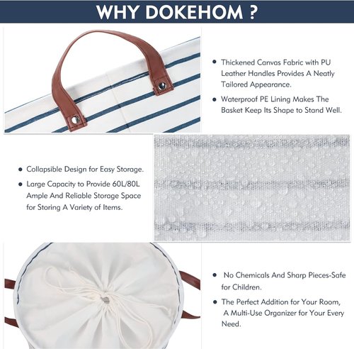 DOKEHOM Laundry Basket - 20-Inch Freestanding Hamper with Lid & Drawstring - Large Blue Stripe Design