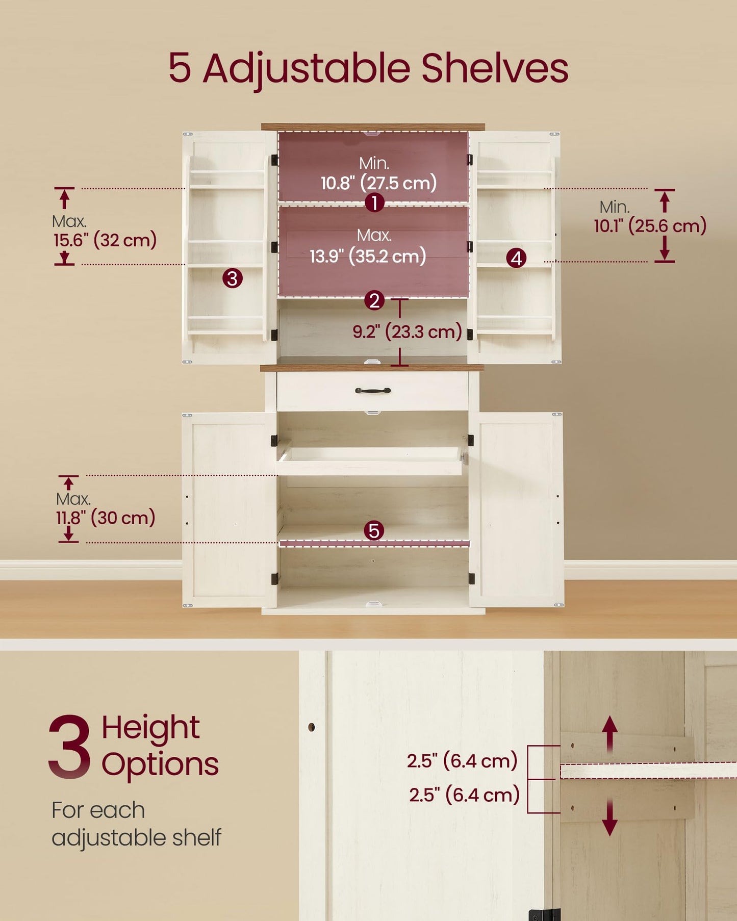 VASAGLE LIRY Collection - Pantry Cabinet, 70.3-Inch Tall Farmhouse Kitchen Storage Cabinet with Barn Doors, Drawer, Tray, Adjustable Shelves, for Kitchen, Dining Room, Rustic White UBBK364W01