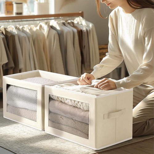Homsorout Storage Cubes - 5 Pack Foldable Clear Window Bins for Clothes & Blankets | Large Beige Containers