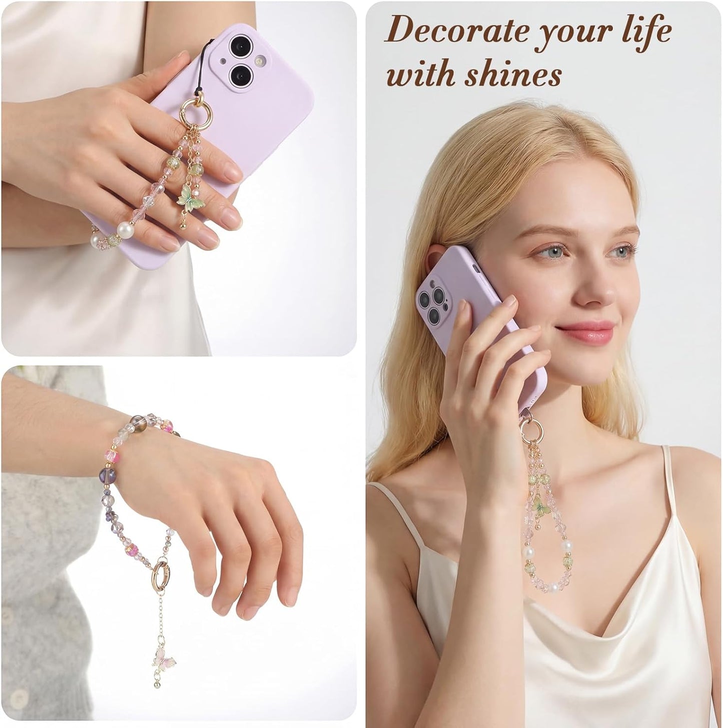 2 BESARME Pcs Phone Charm Wristlet with Crystal Beads and Butterfly Pendant, Includes Tether Tab for Easy Attachment