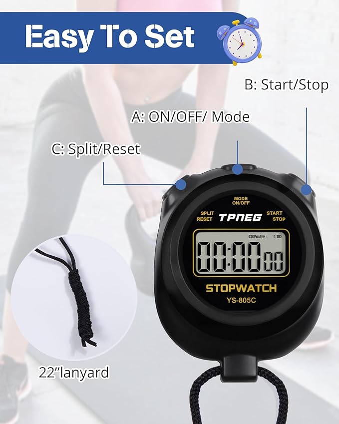 Simple Stopwatch Timer - Easy to Use, Set Up, Read, and Carry - Large Display - On/Off, AAA Battery - Ideal for Coaches, Track and Field, Soccer Referees, Sports, Classroom