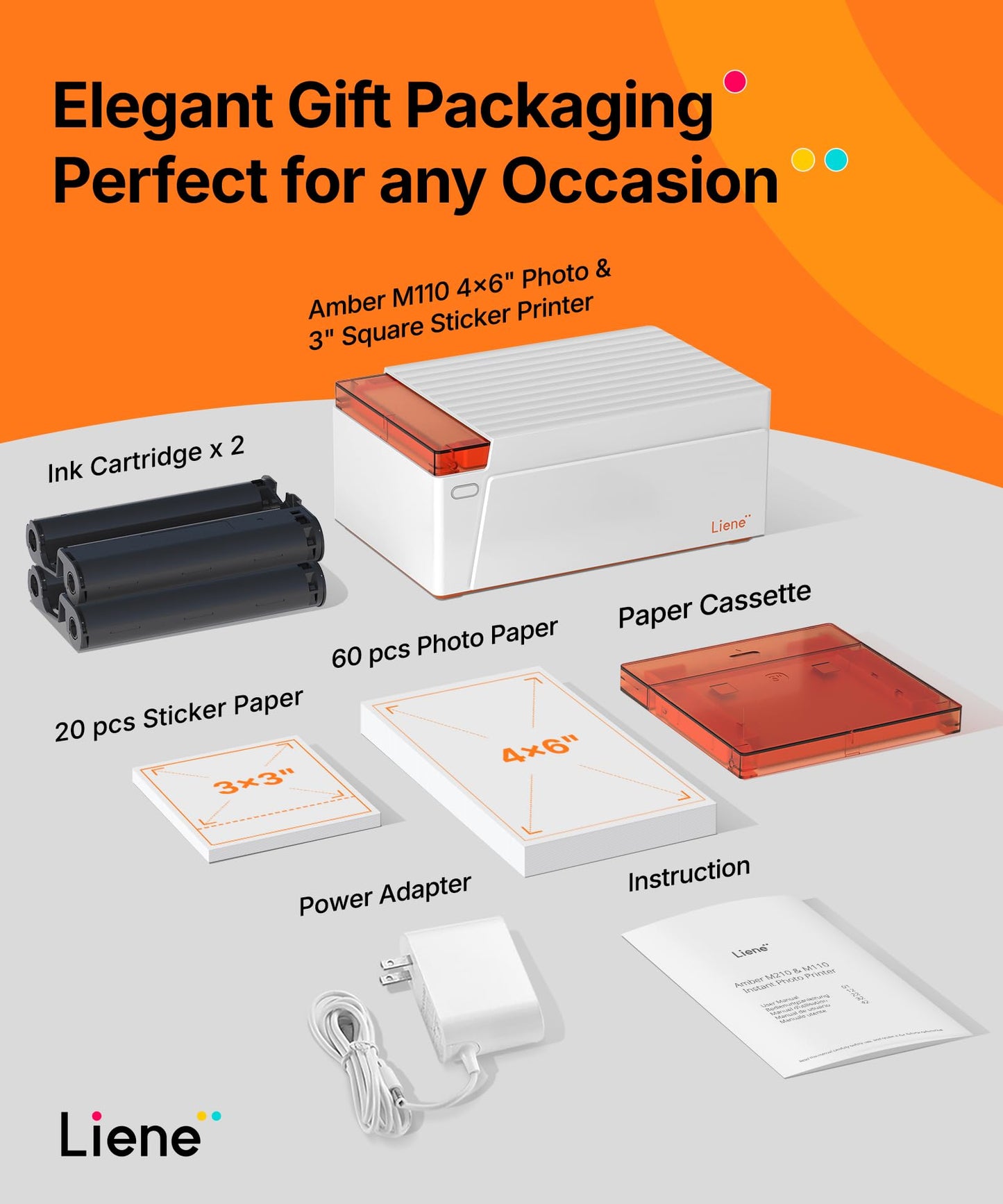 Liene Amber M110 Bluetooth Photo Printer 80 Sheets, Portable Photo Printer for iPhone, Thermal Dye Sublimation, Picture Printer 60 Sheets 4x6 Paper & 20 Sheets 3" Square Sticker Paper & 2 Cartridges