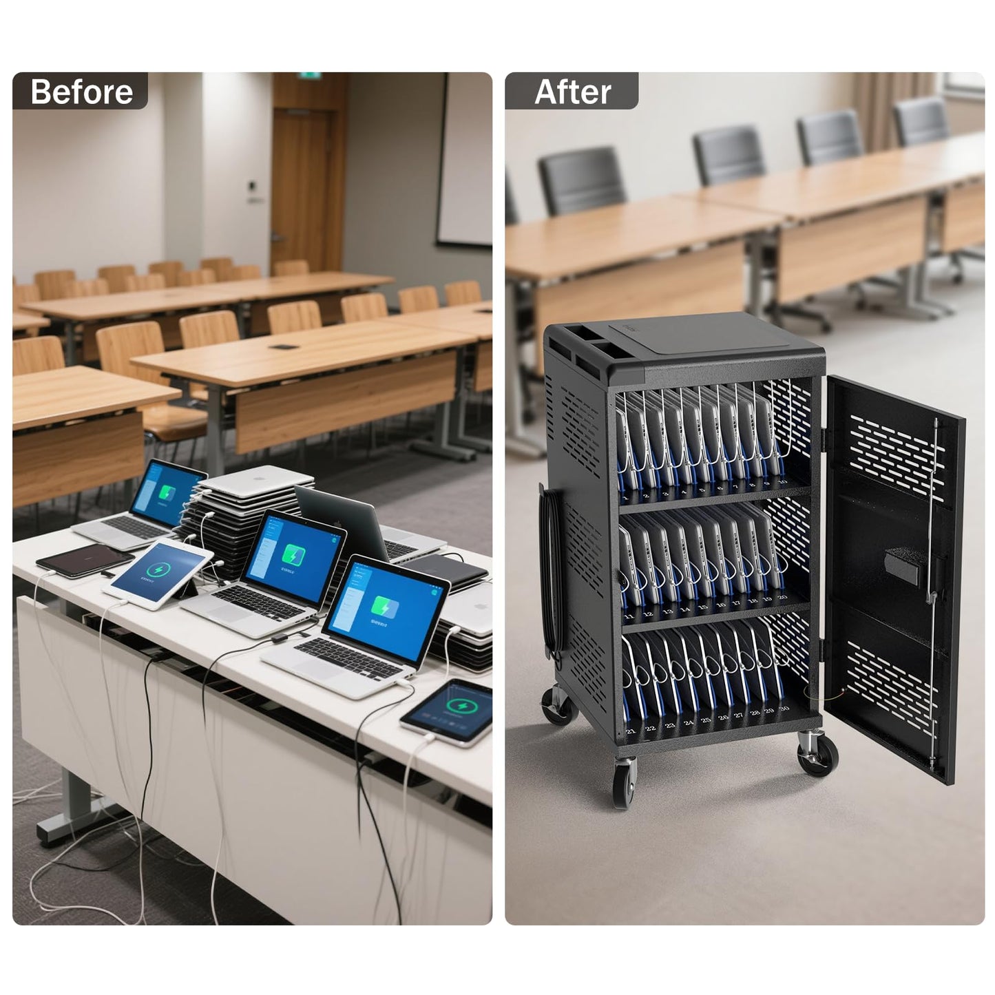 Fully Assembled 30 Unit Device Charging Station for Chromebook, iPad, 14'' Laptop - Pre Built Charging Cart with Charger Cable Management, Circuit Breaker, Grounding Protection (Black)