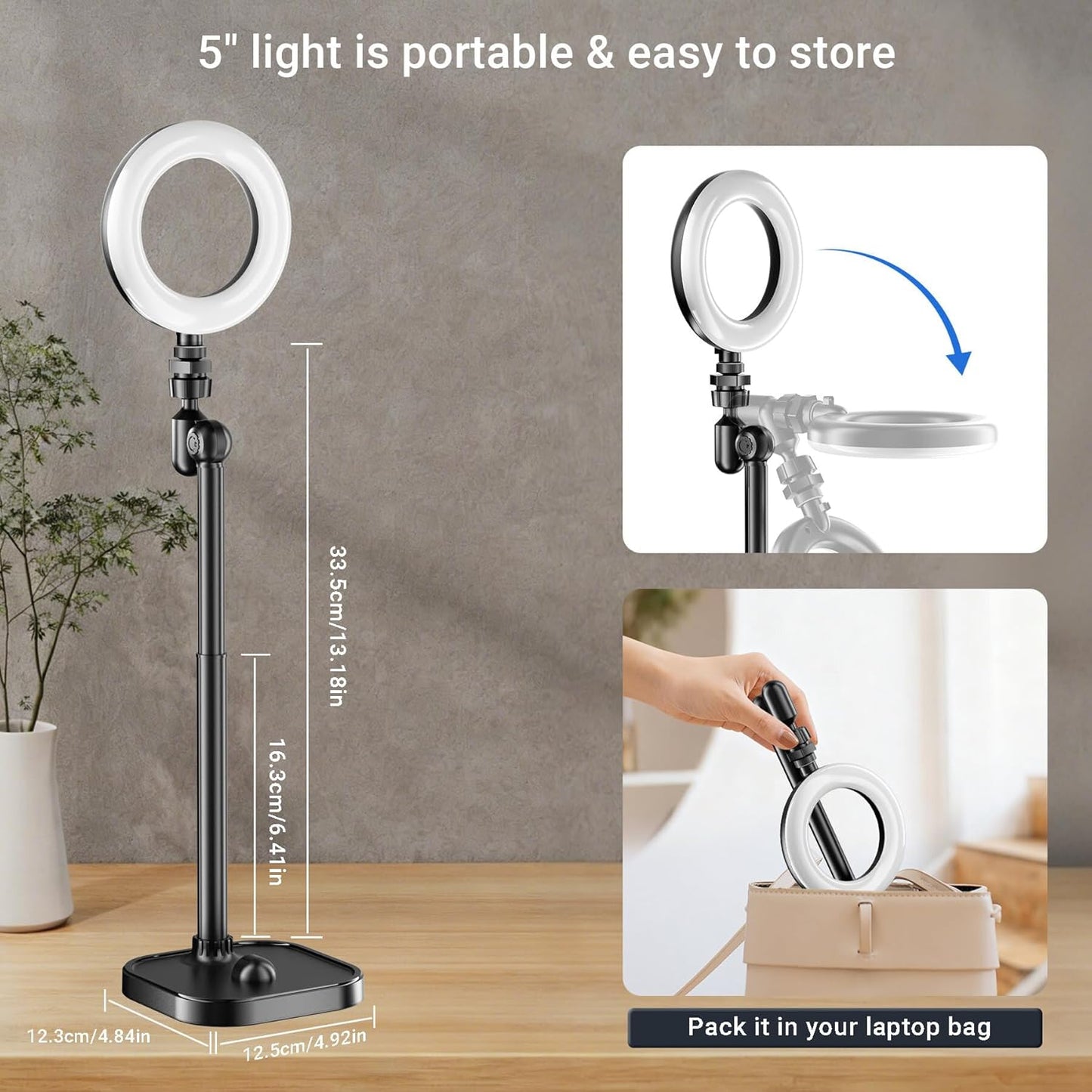 Mionondi 5 Ring Light for Desk, Portable Streaming Lights for Video Recording, Halo Lighting with Stand for Selfie