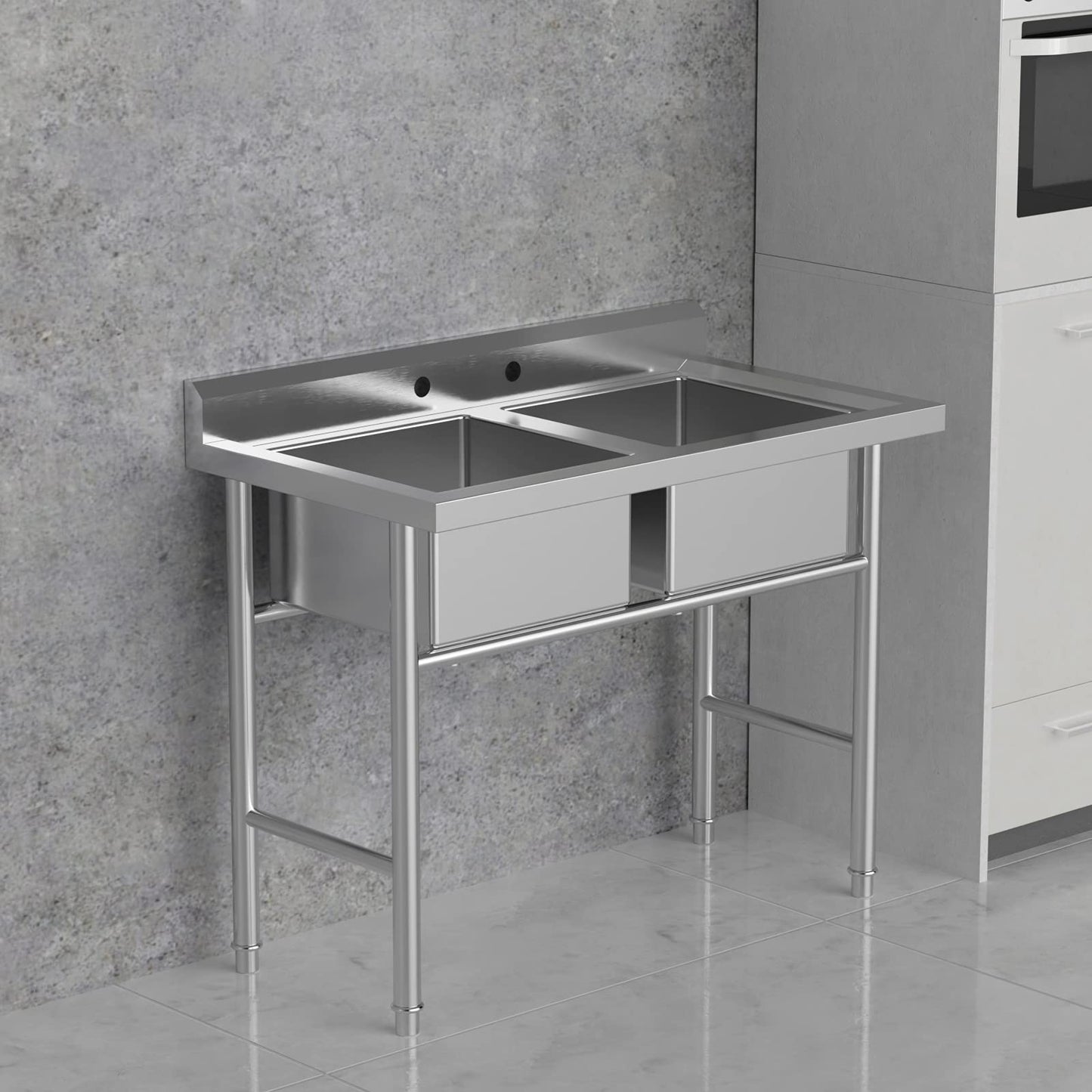 Bonnlo Commercial 304 Stainless Steel Sink 2 Compartment Free Standing Utility Sink for Garage, Restaurant, Kitchen, Laundry Room, Outdoor, 35.8" W x 21.3" D x 40" H
