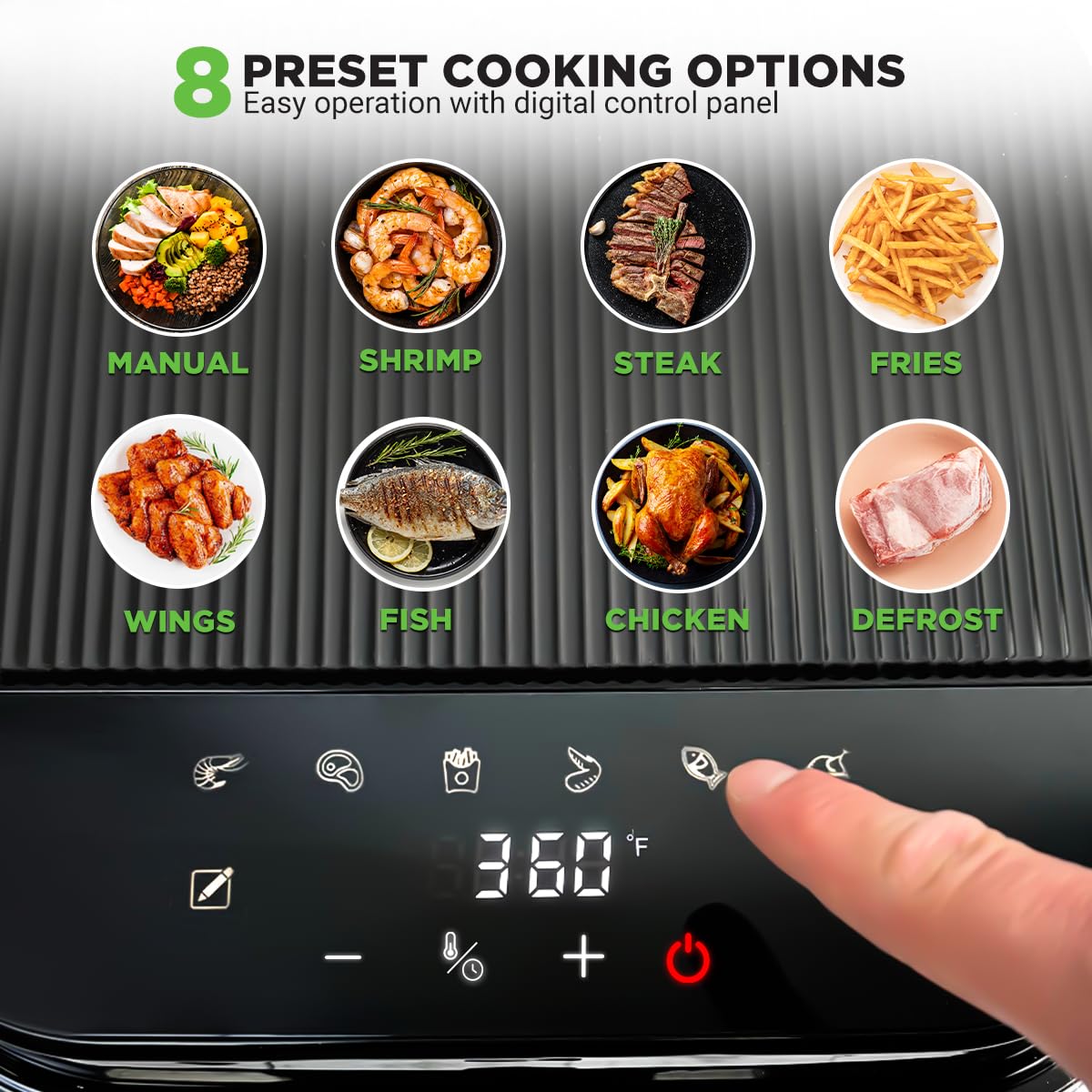 Nutrichef 5.8 Quart Air Fryer | 8-1 Preset Cook Modes | Transparent Fry Bowl for Best Cooking Results | Cook Shrimp, Steak, Fries, Wings, Chicken & More | Precise Temperature Control & Time | Grey