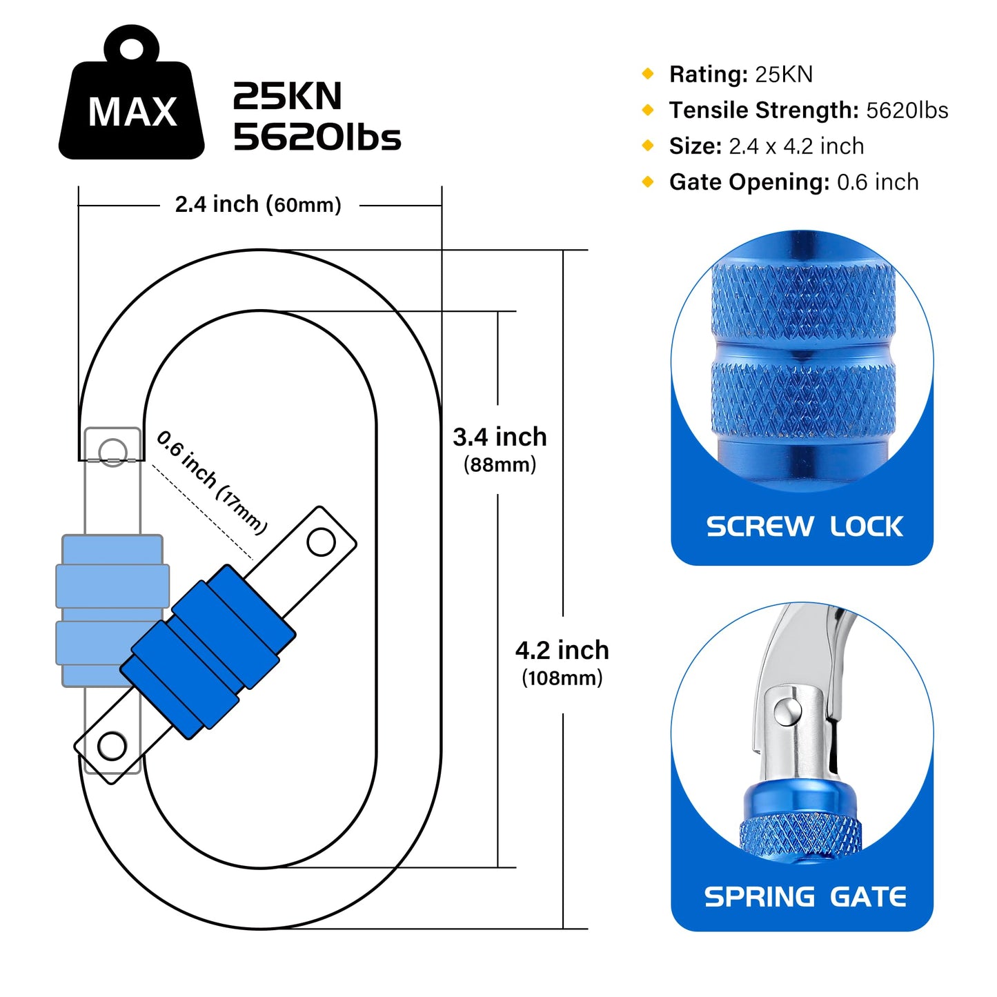 Hopeseily Heavy Duty Climbing Carabiner, Rated 25kN(5620lbs), Screw Locking Carabiner Clip, Oval Shape Carabiner for Rappelling, Hammocks, Aerial Work, Rigging, Rescue, Arborist(2pack, Blue)