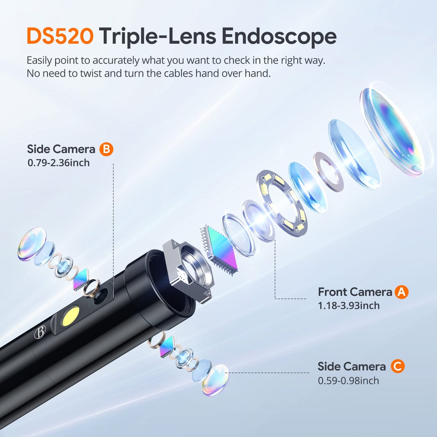 DEPSTECH 50FT Endoscope Camera with Light: Triple Lens 5" IPS Screen Sewer Inspection Camera, 1080P Industrial Borescope, Split Screen, Semi-Rigid Cable, Waterproof Drain Pipe Tool, Carrying Case