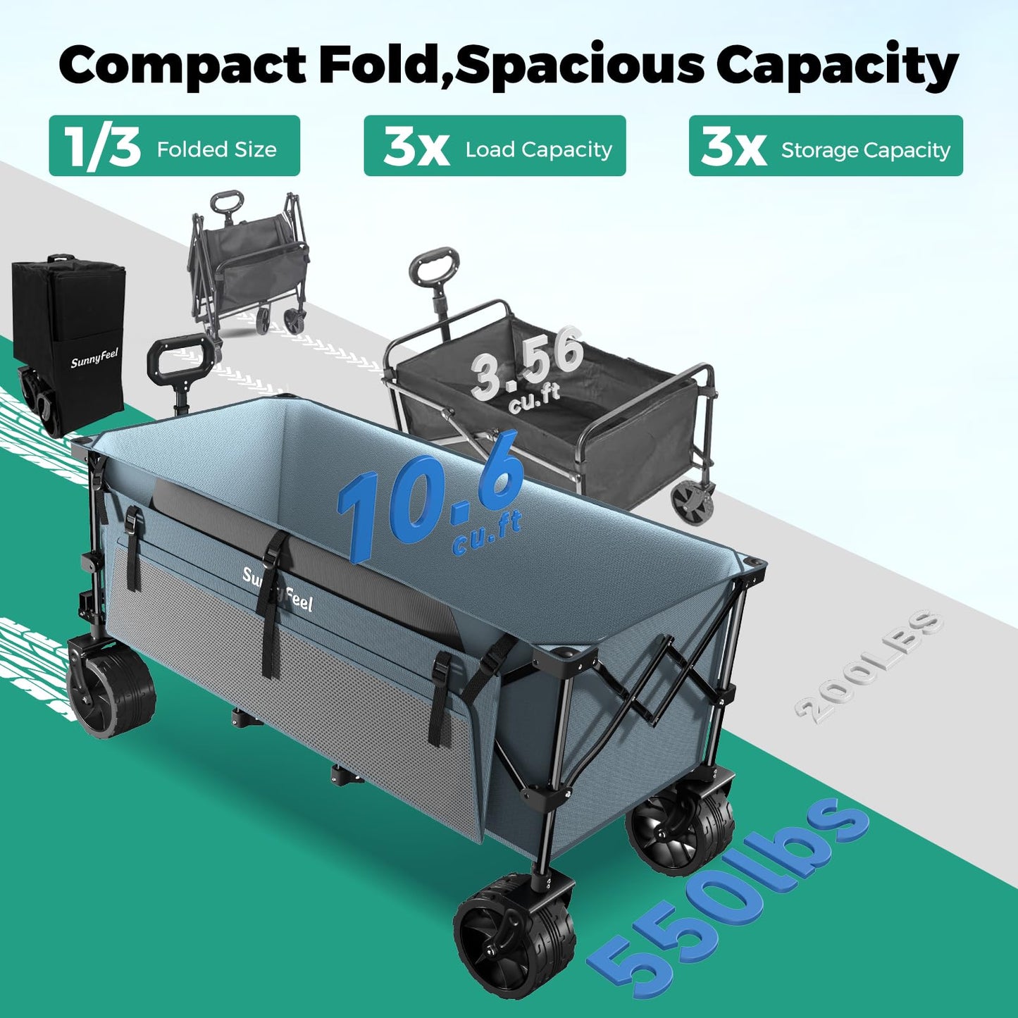 SUNNYFEEL 49" L Foldable Wagon Cart with Big Wheels - 550lbs Heavy Duty Extra Long Collapsible Shopping Cart - Utility Grocery Wagon for Garden Sports Camping Outdoor Activities (Blue)