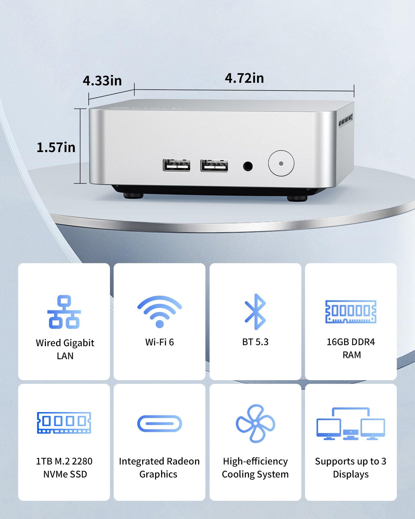 Getorli Mini PC AMD Ryzen 5 3550H (4C/8T, Up to 3.7GHz), 16GB DDR4 1TB NVMe SSD Desktop Computer, Support Triple Display 4K, WiFi 6, BT 5.3, Mini Desktop Computer for Business, Office, Education