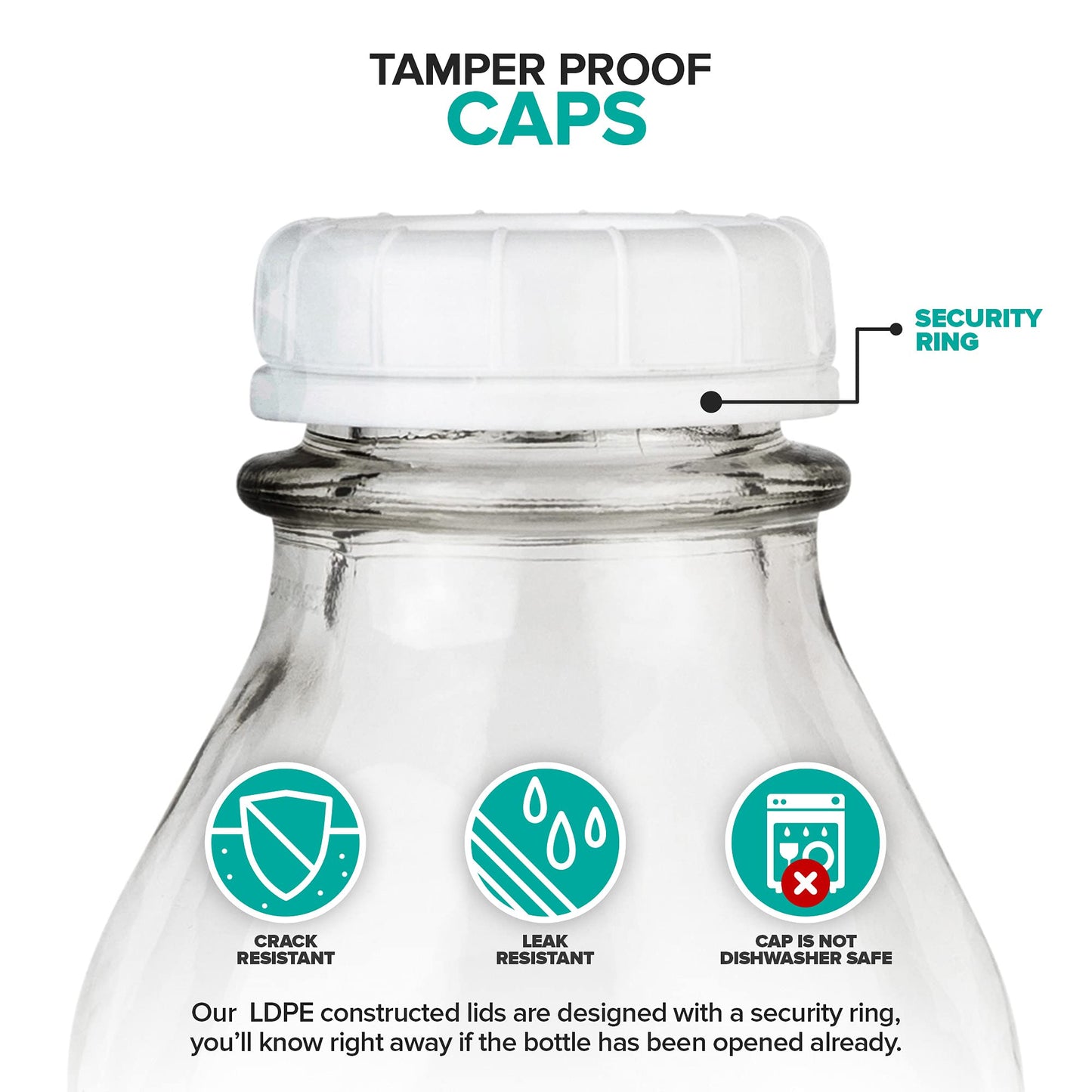 Stock Your Home Liter Glass Milk Bottle with Lid (3 Pack) 32 Oz Jugs and 6 White Caps, Reusable Food Grade Milk Container for Refrigerator, Bottles for Juice, Oat or Plant Milks, Water, Honey