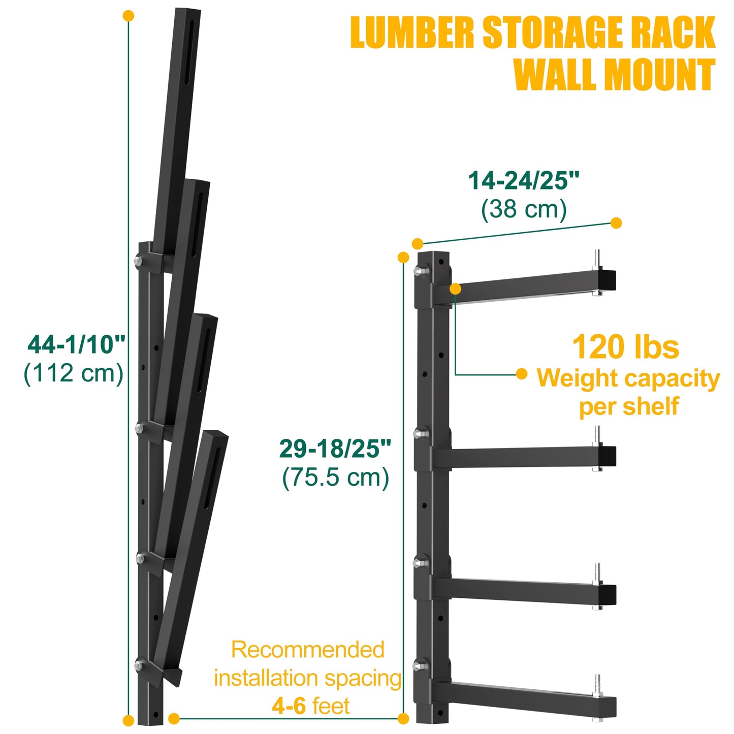 KOSEOO Lumber Storage Rack Wall Mount, Folding Wood Storage Racks Heavy Duty for Garage Metal Lumber Rack Indoor and Outdoor with 4-Level, 4 Pack, Black