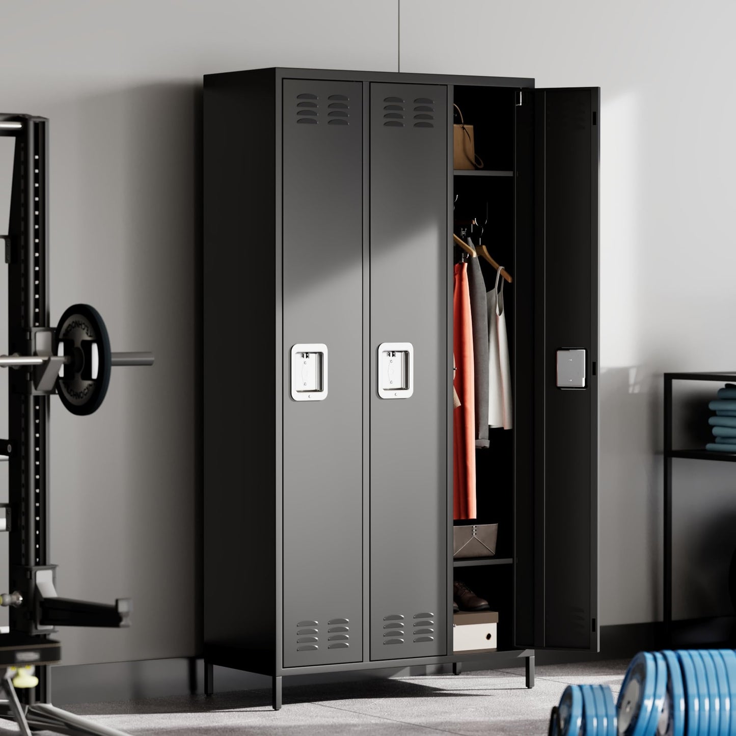 GAOMON Metal Lockers - 3 Doors Lockable Storage Locker, Sturdy Steel Cabinet with Shelves, Space-Saving Design for Home, Gym & Fire Department, Black