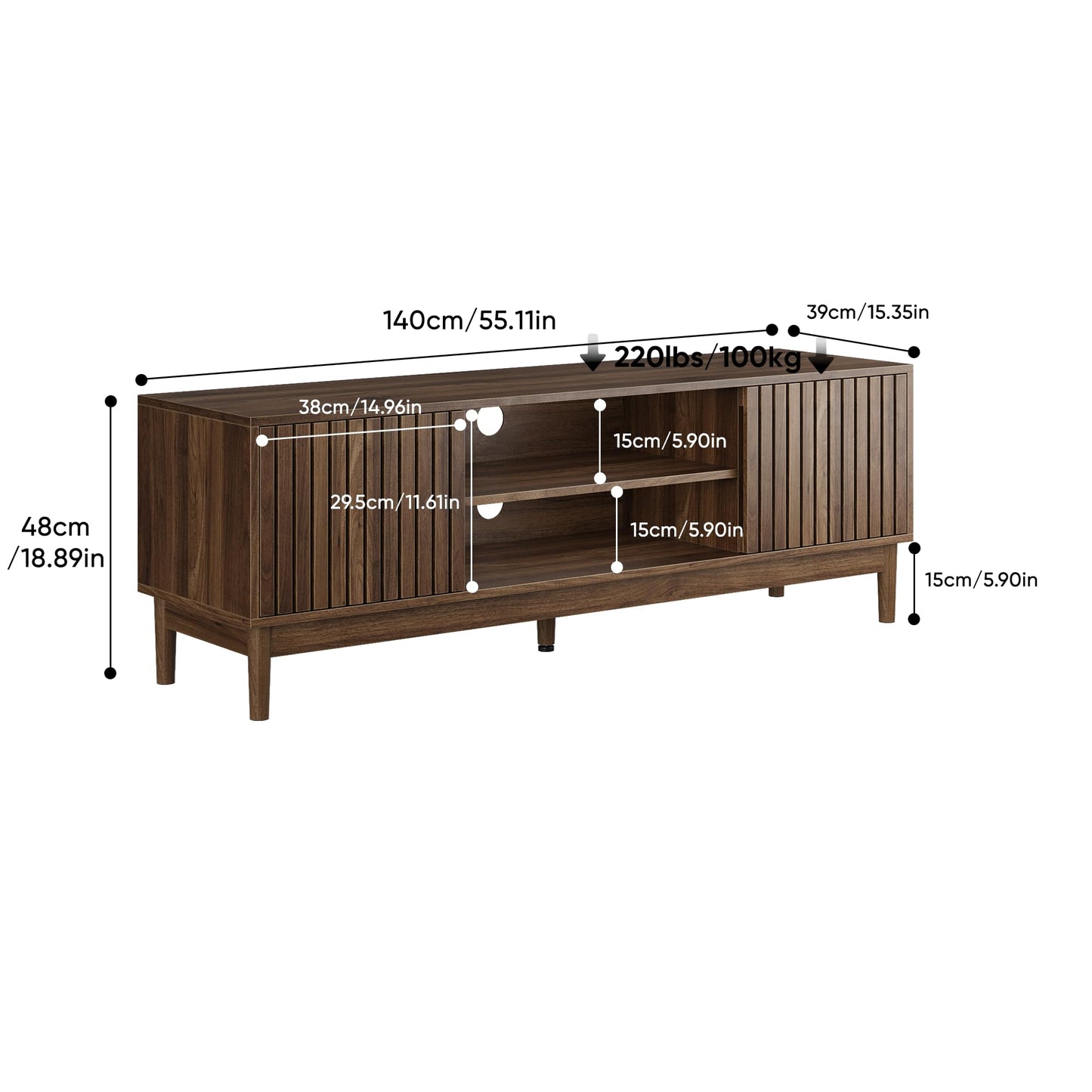 KEIKI 55" Mid-Century Modern TV Stand for 55–65 Inch TVs, Wood Entertainment Center with Slatted Doors, Storage Console with Cable Management for Living Room, Bedroom (Oak)