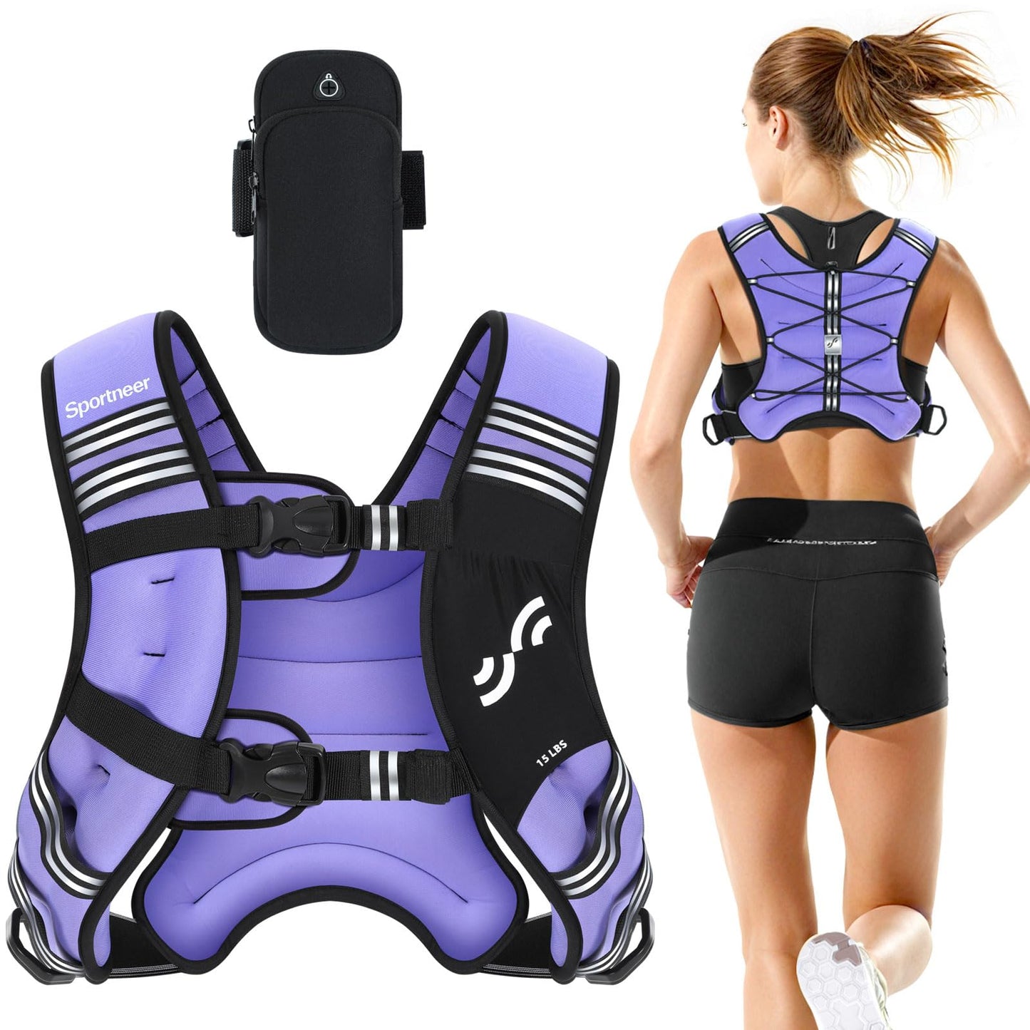 Sportneer Weighted Vest for Women Men: 15lb Comfortable Weight Vest with Storage Pocket Reflective Stripe Rucking Vest for Walking Running Strength Training Fitness Weight Loss Weightlifting Purple