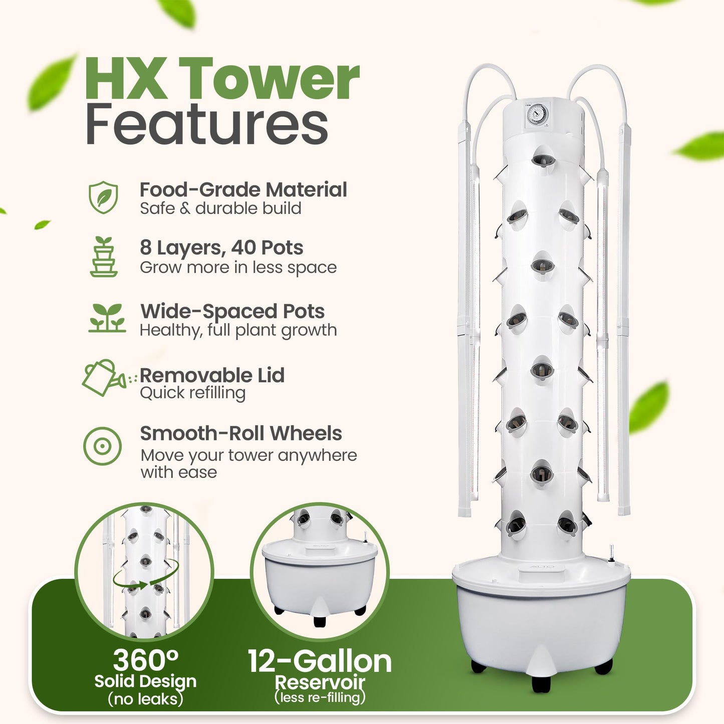 ALTO GARDEN HX Aeroponic Tower | High Capacity Tower | Hydroponics Growing System Kit | Food Grade with 40 Net Pots (with LED Grow Lights)