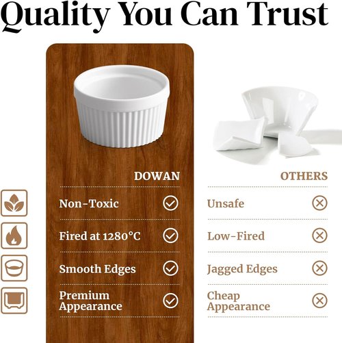 DOWAN Ramekins - 4 oz Oven Safe Porcelain Custard Cups for Baking | Set of 6 Soft White Bowls