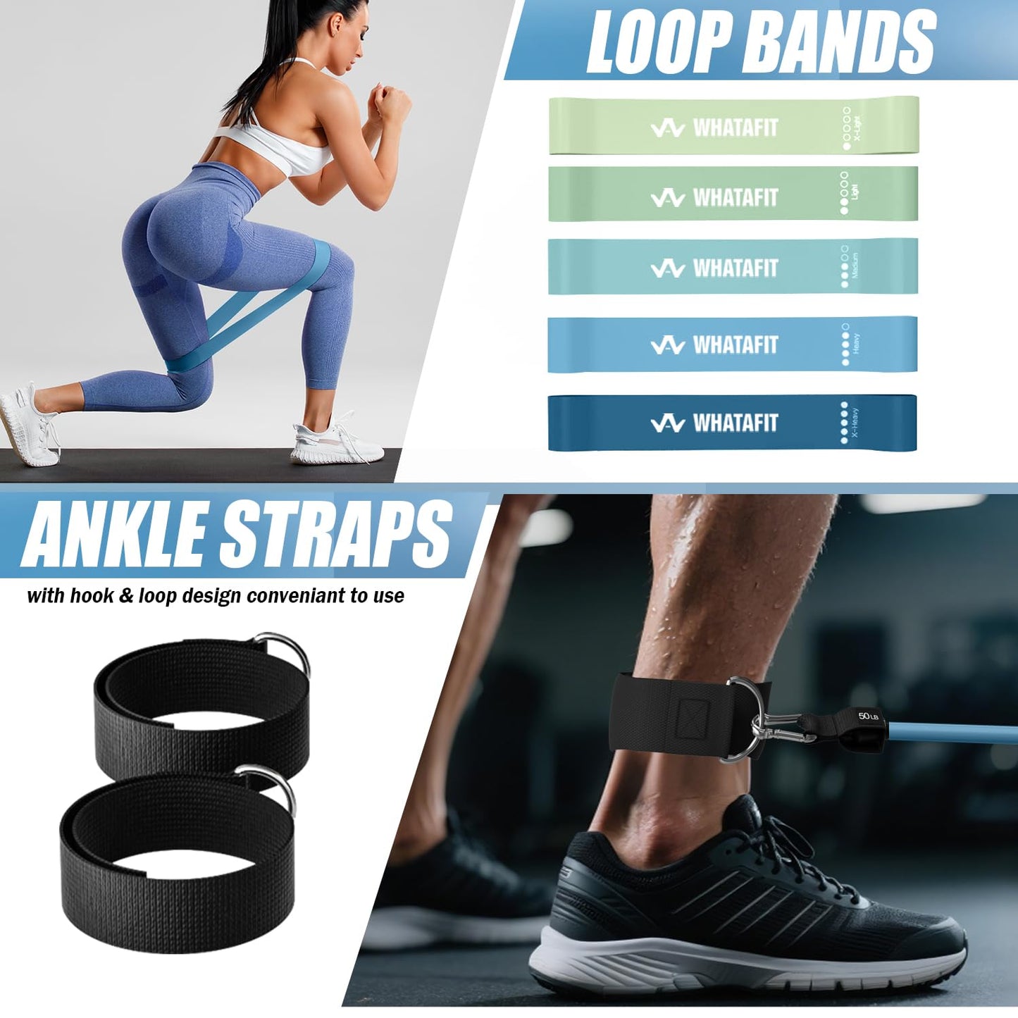 WHATAFIT Resistance Bands, Exercise Bands，Resistance Bands for Working Out, Work Out Bands with Handles for Men and Women Fitness, Strength Training Home Gym Equipment Blue 16PCS