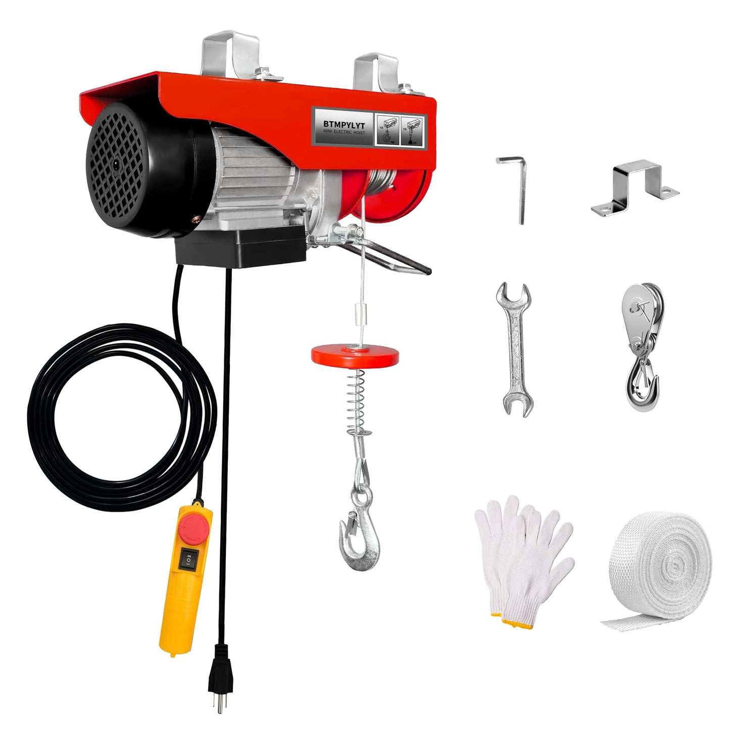 BTMPYLYT 110V Electric Hoist Winch 880 LBS Double Hook Lifting Capacity, 14.7ft Wired Remote, 39ft Lifting Height, 6.6ft Power Cord for Industrial, Workshop, Garage
