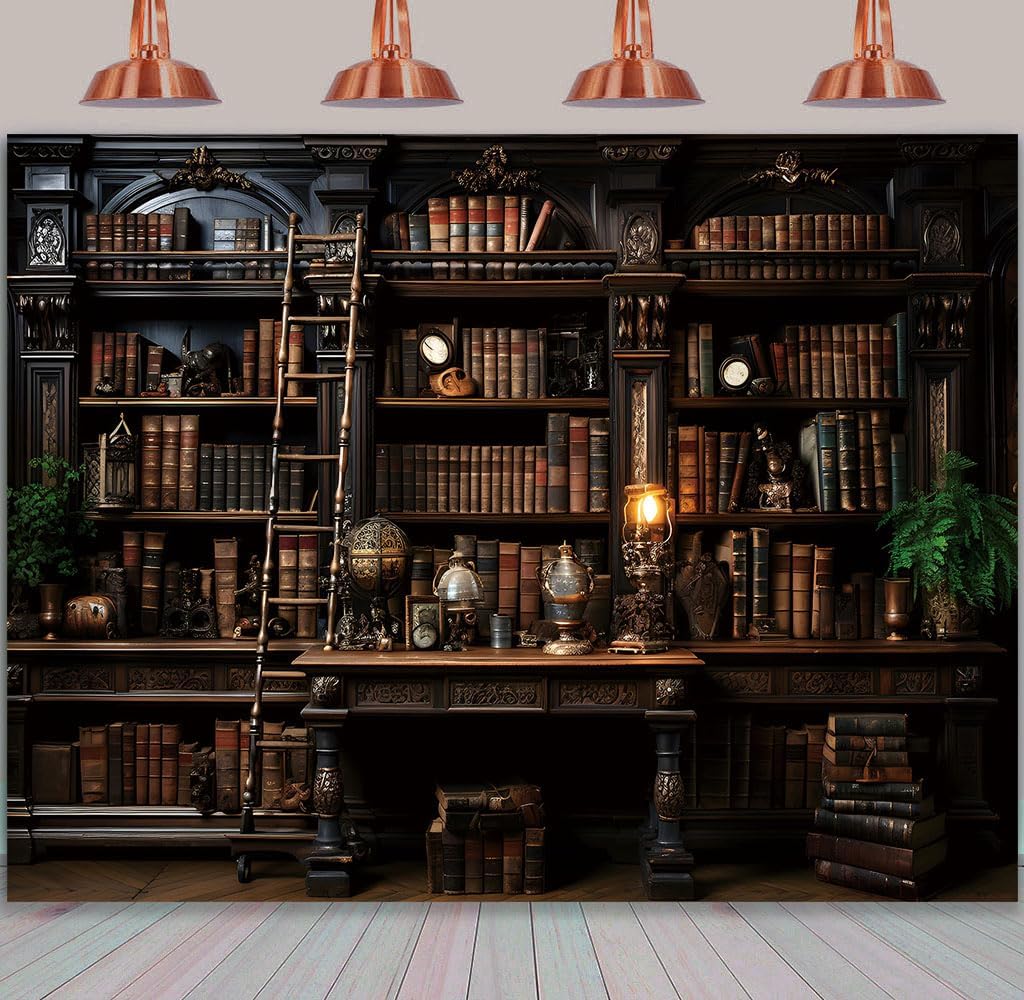 BINQOO Medieval Bookshelf Backdrop Bookcase Photography Background Bookshelf Library Backdrops Wall Hanging Dark