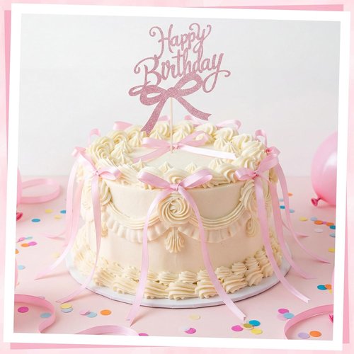 Coquette Bow Cake Toppers - 18 PCS Pink Ribbon Bows with 1 Happy Birthday Topper | Perfect for Weddings, Showers & Birthdays