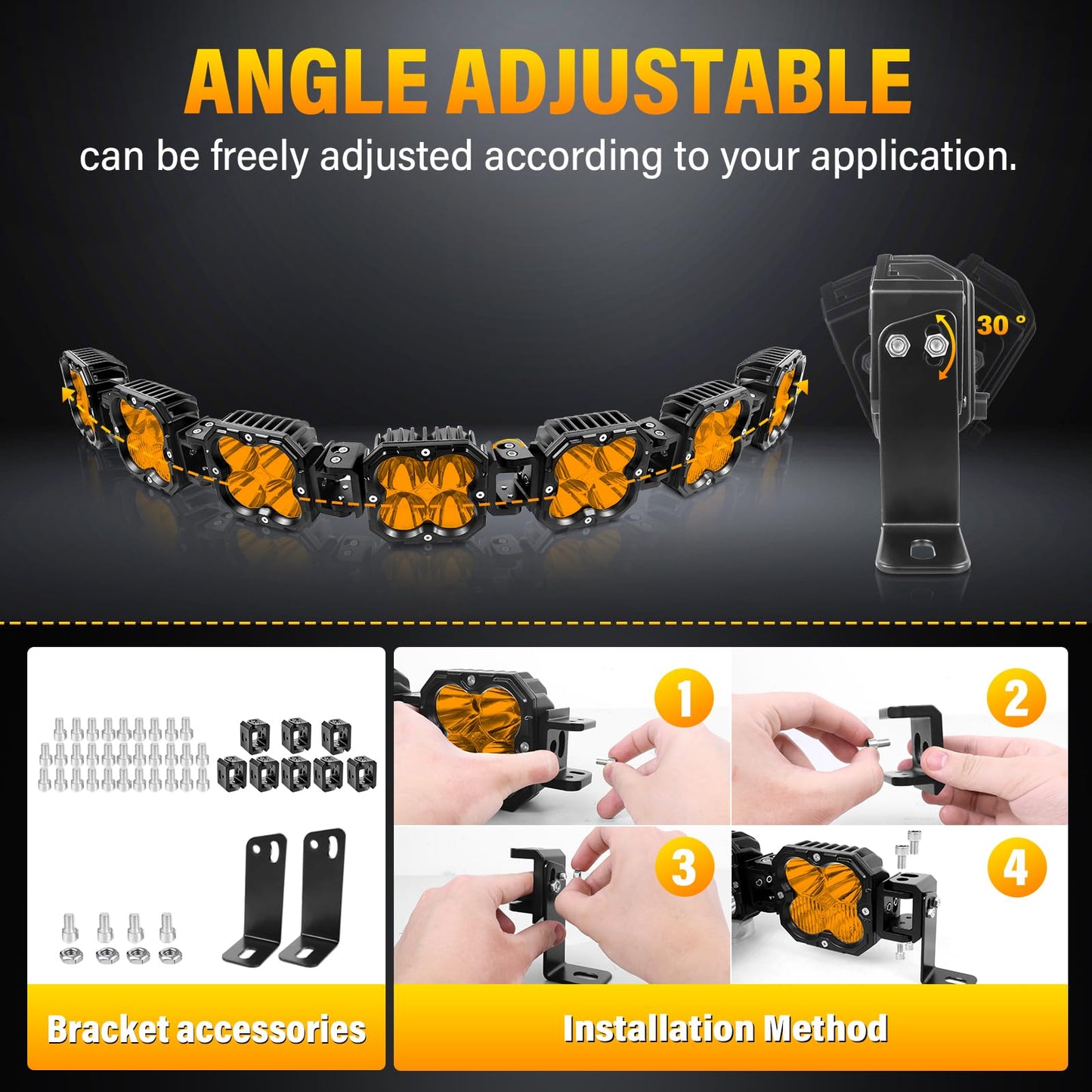 SKYWORLD 7 Pcs Amber Cube LED Pod Light, 4 Inch 30W Spot Flood Combo Beam Work Lights with Wire kit,3055K Car Off-Road Driving Lamp for ATV, UTV, 4x4, Tractor,Truck,Motorcycle