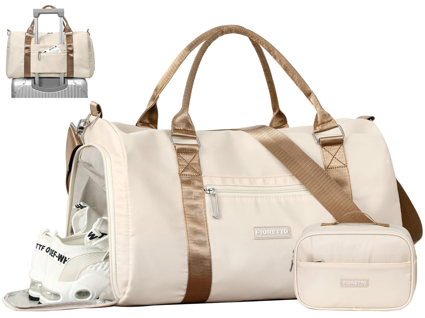 FIORETTO Womens Gym Tote Duffle Bag with Toiletry Bag, Sports Duffel Overnight Hospital Workout Carry on Bag for Girls with Wet Pocket & Shoe Compartment, Ideal for Travel, Swimming, Beige & Brown