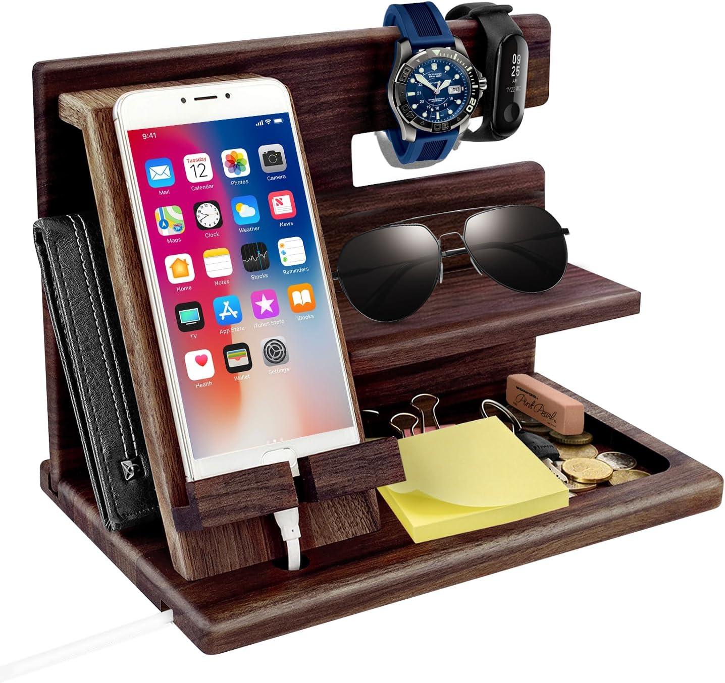 1STKER Gifts for Men Christmas, Wood Phone Docking Station, Mens Gifts for Birthday or Gifts for Dad Fathers Day, Desk